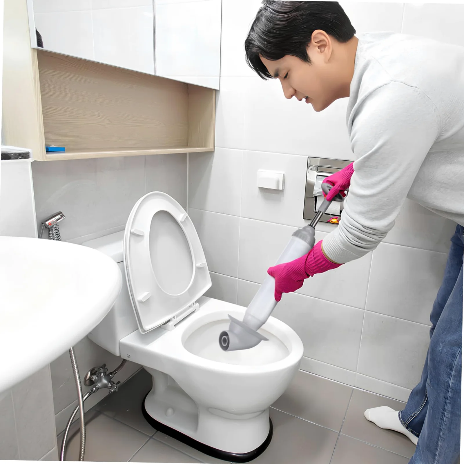 TEHAUX Sturatubi ad Aria Compressa per WC in Acciaio Inossidabile e Pp, ad Alta Pressione, Facile da Usare, per Bagno e Cucina, Vasca e Lavandino