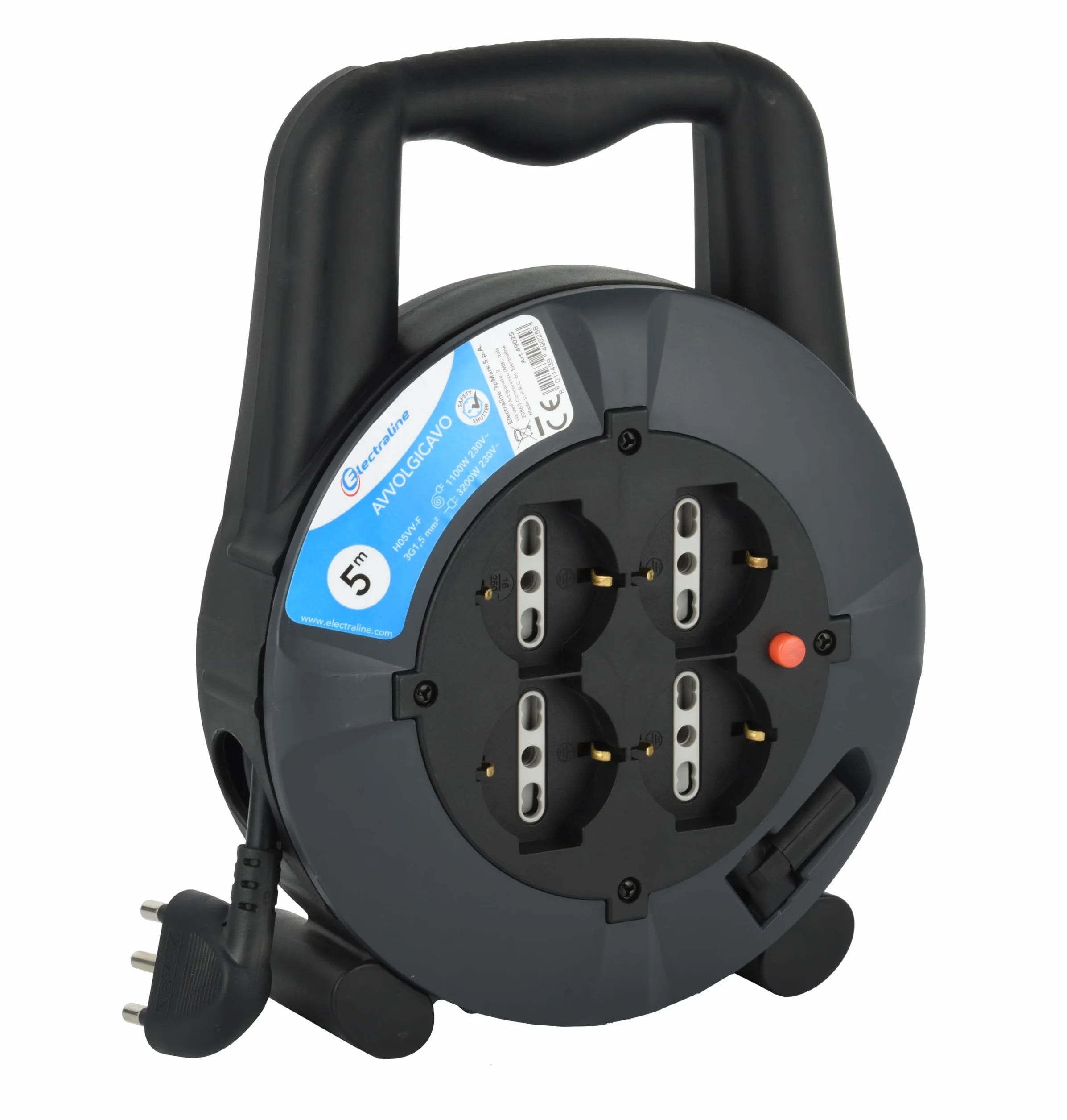 Electraline 49025 Prolunga Elettrica con Avvolgicavo 5 mt, 4 Prese Polivalenti (Schuko + 10/16A), Spina 16A, Sezione Cavo 3G1,5 mm², Grigio/Nero