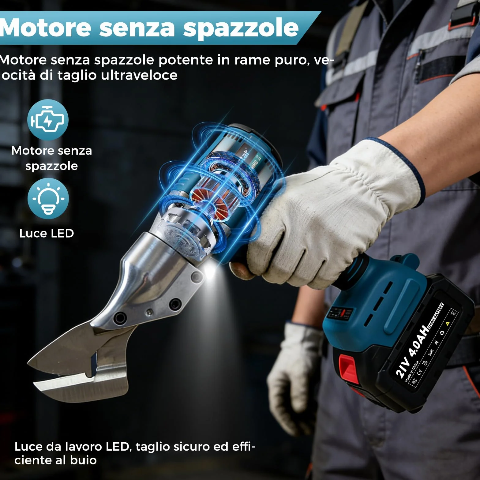Bostar Cesoia per Lamiera a Batteria Brushless, Taglierina Elettrica per Metallo 1,5mm Alluminio 2,0mm, Testa Girevole 360°, 2x 4.0Ah Compatibile Makita 18V