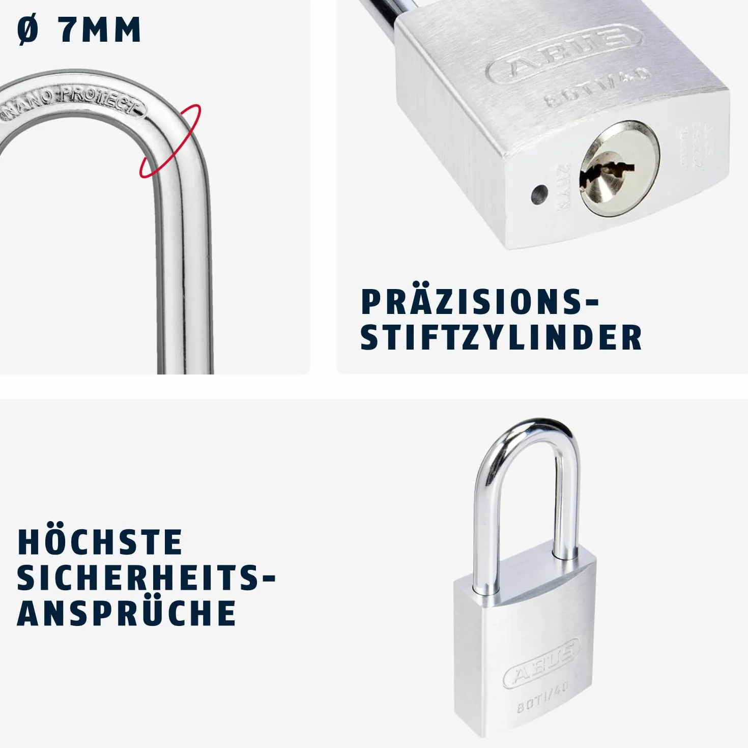 ABUS 562242-80TI/40HB40 Candado Titalium arco Nano protect y llave de 6 pitones 40 mm arco largo