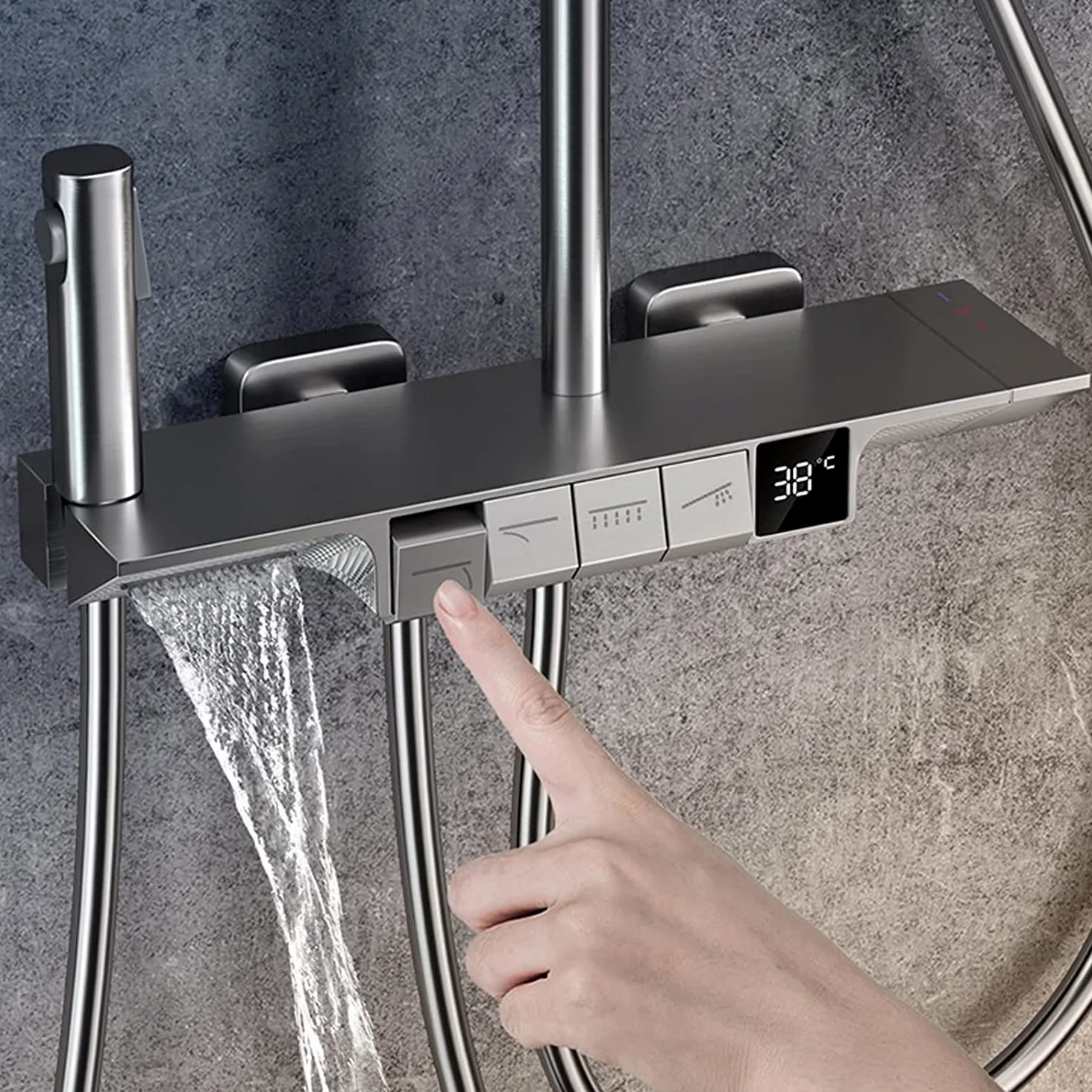 Set Doccia termostatico, Set Rubinetto a Parete, soffione a Pioggia con doccetta, beccuccio per Vasca, doccetta per Bidet e Kit di valvola con visualizzazione della Temperatura