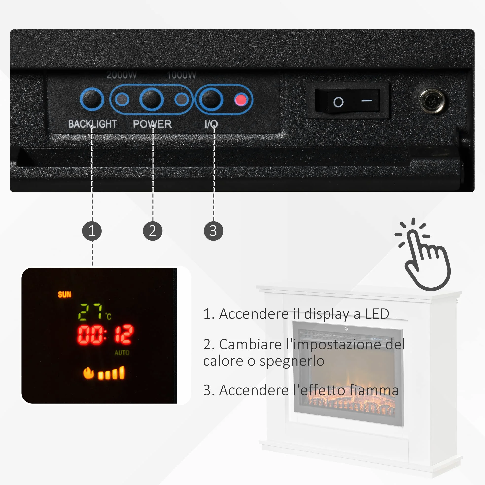 HOMCOM Camino Elettrico Effetto Fiamma Realistico 98x27.5x80cm Bianco | Cornice in Legno, Caminetto Elettrico, Termostato, Protezione da Surriscaldamento, Timer e Telecomando, 1000W e 2000W