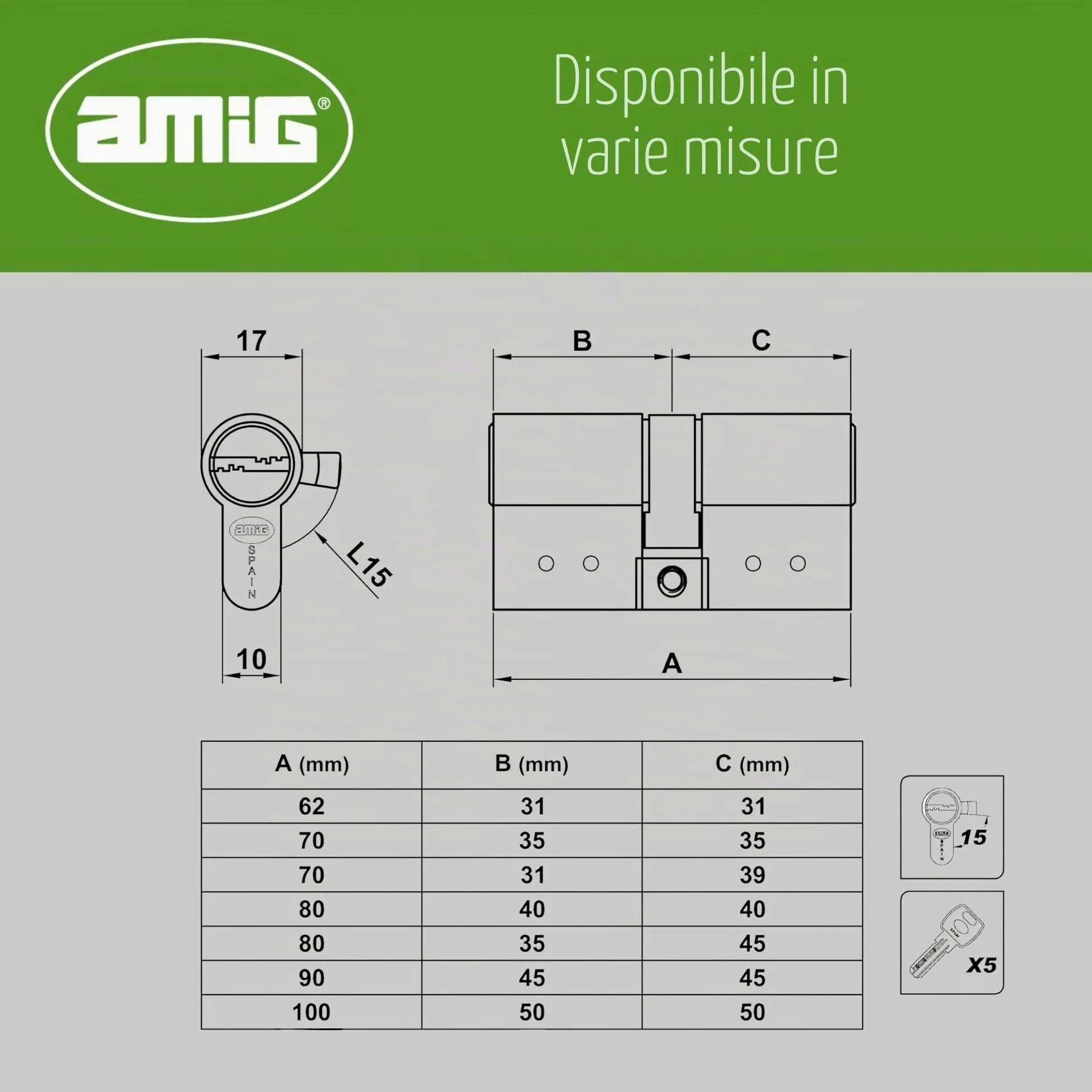 Amig - Cilindro di Sicurezza | Serratura Anti-Pick e Anti-Urto | 5 Chiavi Incluse | Anti-Bumping e Antigrimaldello | Acciaio Inox | Per Porte in Legno, Argento Opaco, 80 (35-45 mm)