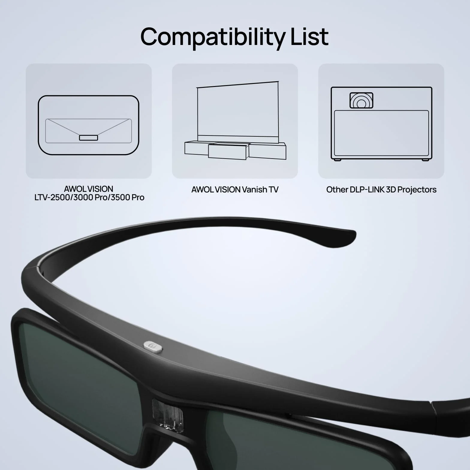AWOL VISION DLP Link 3D Glasses, occhiali ricaricabili con otturatore attivo compatibili con AWOL VISION LTV-2500, LTV-3500, Vanish TV e altri proiettori DLP-Link 3D (Nero 2PCS)