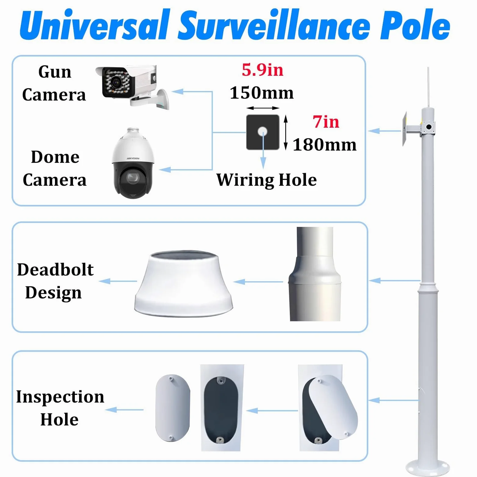 Palo e Braccio Telecamera Sicurezza Palo Sorveglianza In Acciaio Braccio Telecamera A Pistola, Supporto Telecamera Sicurezza Alto E Rotondo/Kit Staffa Angolare Montaggio Su Palo(19.7ft/6m)