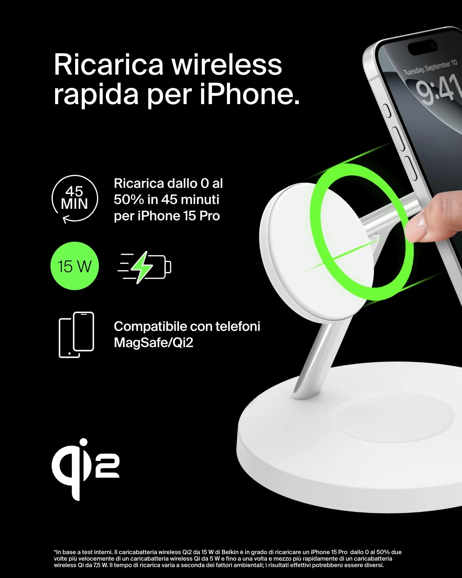 Belkin BoostCharge Caricatore 3 in 1 con Qi2, base di ricarica wireless compatibile con MagSafe, caricatore iPhone 17, Air, Pixelsnap, Apple Watch e AirPods, alimentatore incluso - Bianco