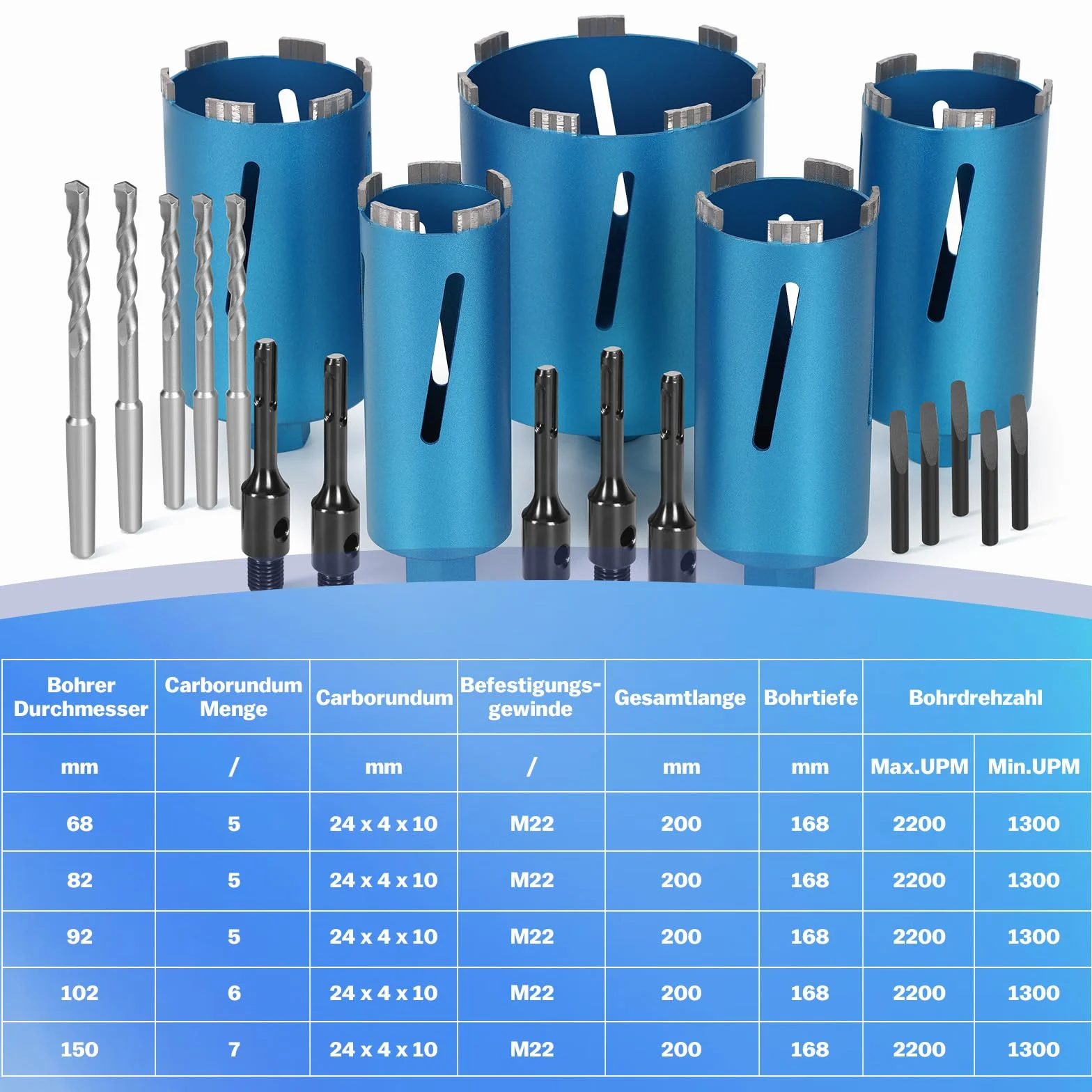 M22 Corona Diamantata Ø 68mm L200mm Carotatrice Seghe a Tazza Turbo 10mm Adattatore SDS-PLUS 110mm Punte da Trapano a Secco e a Umido per Cemento Muratura Pietra