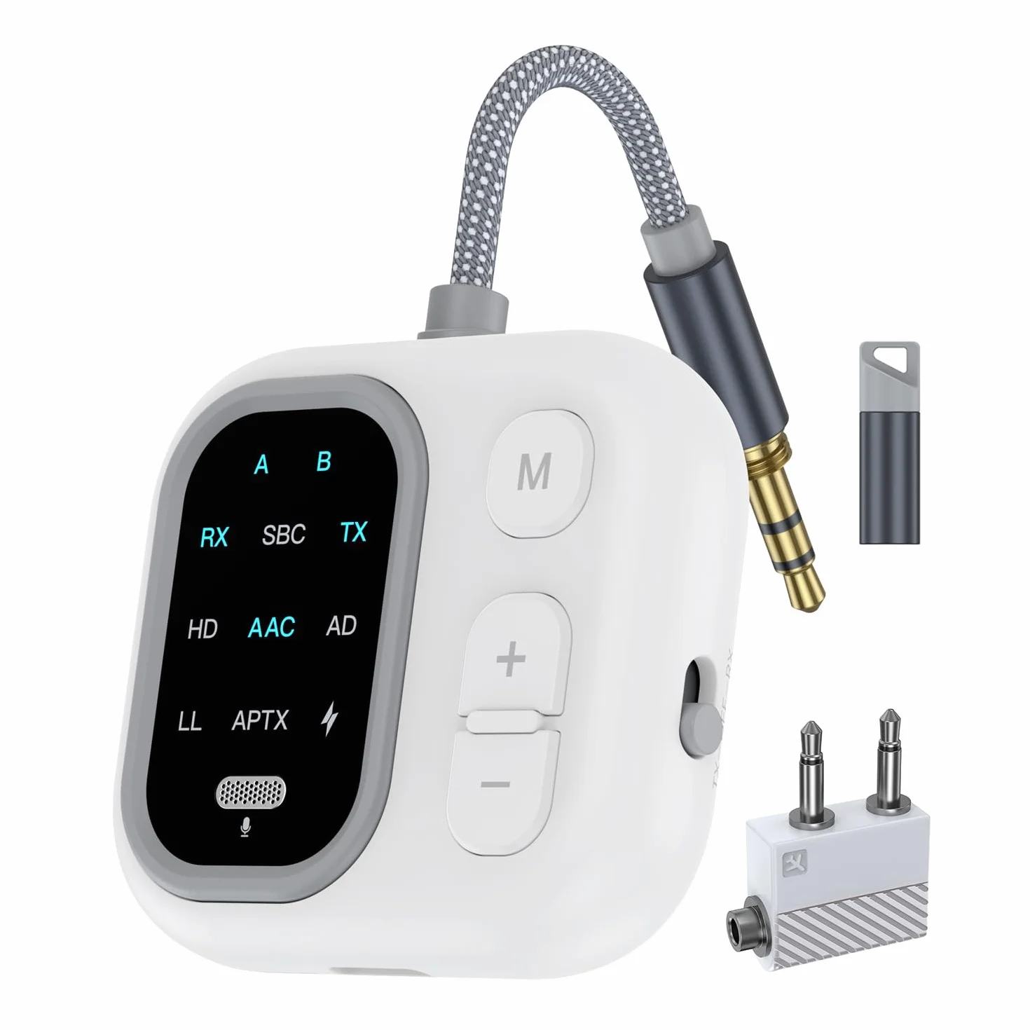 Adattatore Bluetooth 5.3 ANRBONICS per Aereo, Supporta 2 AirPods e Cuffie Wireless Dual, Trasmettitore Ricevitore Audio aptX Adaptive con Jack AUX 3,5mm per TV (Oro)