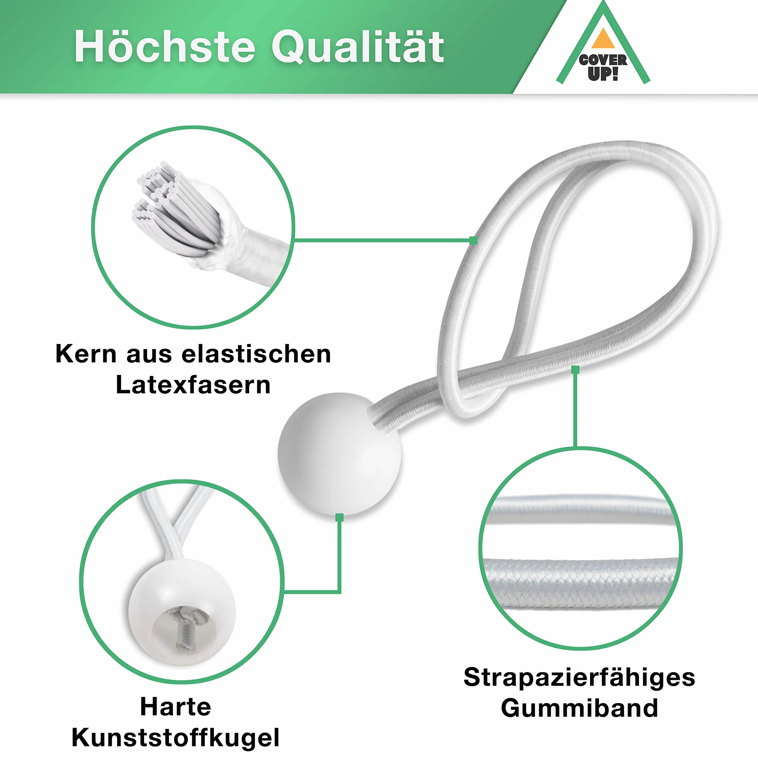 CoverUp! 25 elastici per telone - gomma di tensionamento sicura per un fissaggio ottimale - pratiche imbracature ad espansione per ogni utilizzo - elastici con sfera - bungee ball (bianco)