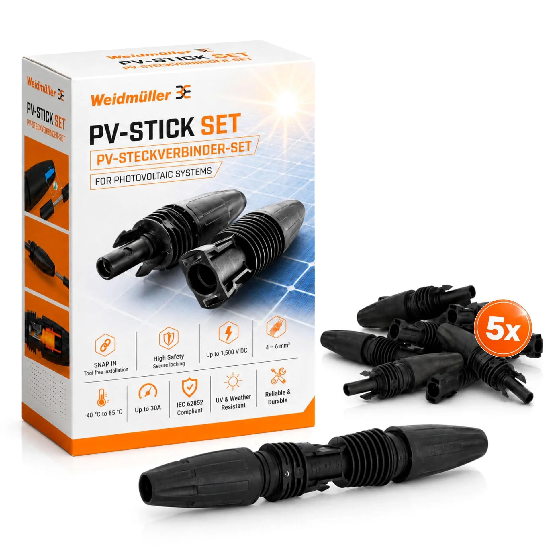 Weidmüller Set di 5 Connettori Fotovoltaici Snap In per Cavi 4-6 mm² | Spina solare per 1.500 V DC, montaggio senza attrezzi né crimpatura, conforme IEC 62852, ideale per impianti solari