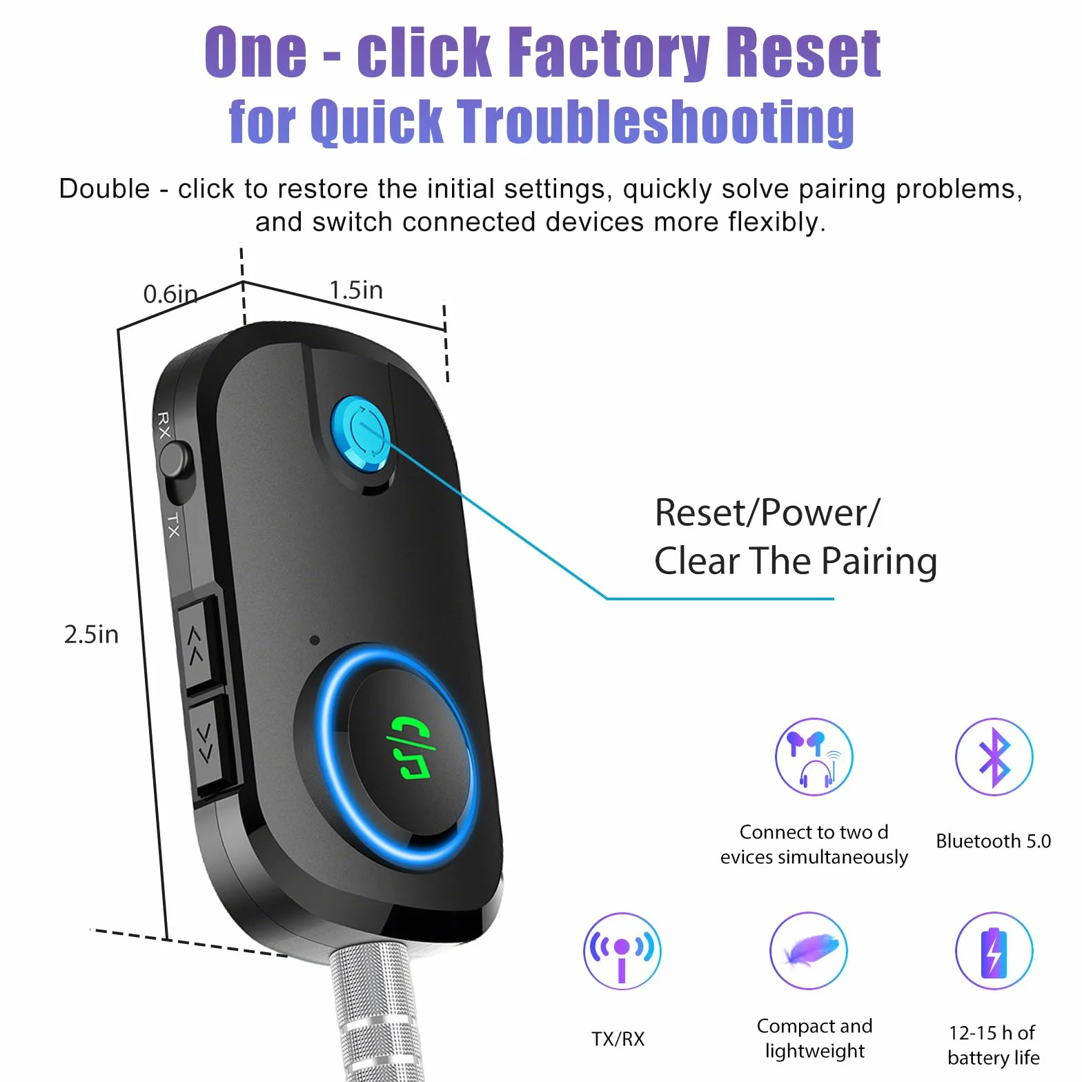Trasmettitore Ricevitore Bluetooth 5.3, 2-in-1 Adattatore Bluetooth Auto, Cuffie Aereo con Supporto 2 Auricolari, Jack 3.5 mm AUX, Adattatore Wireless per TV, Autoradio, Home Theater, Lettori MP3