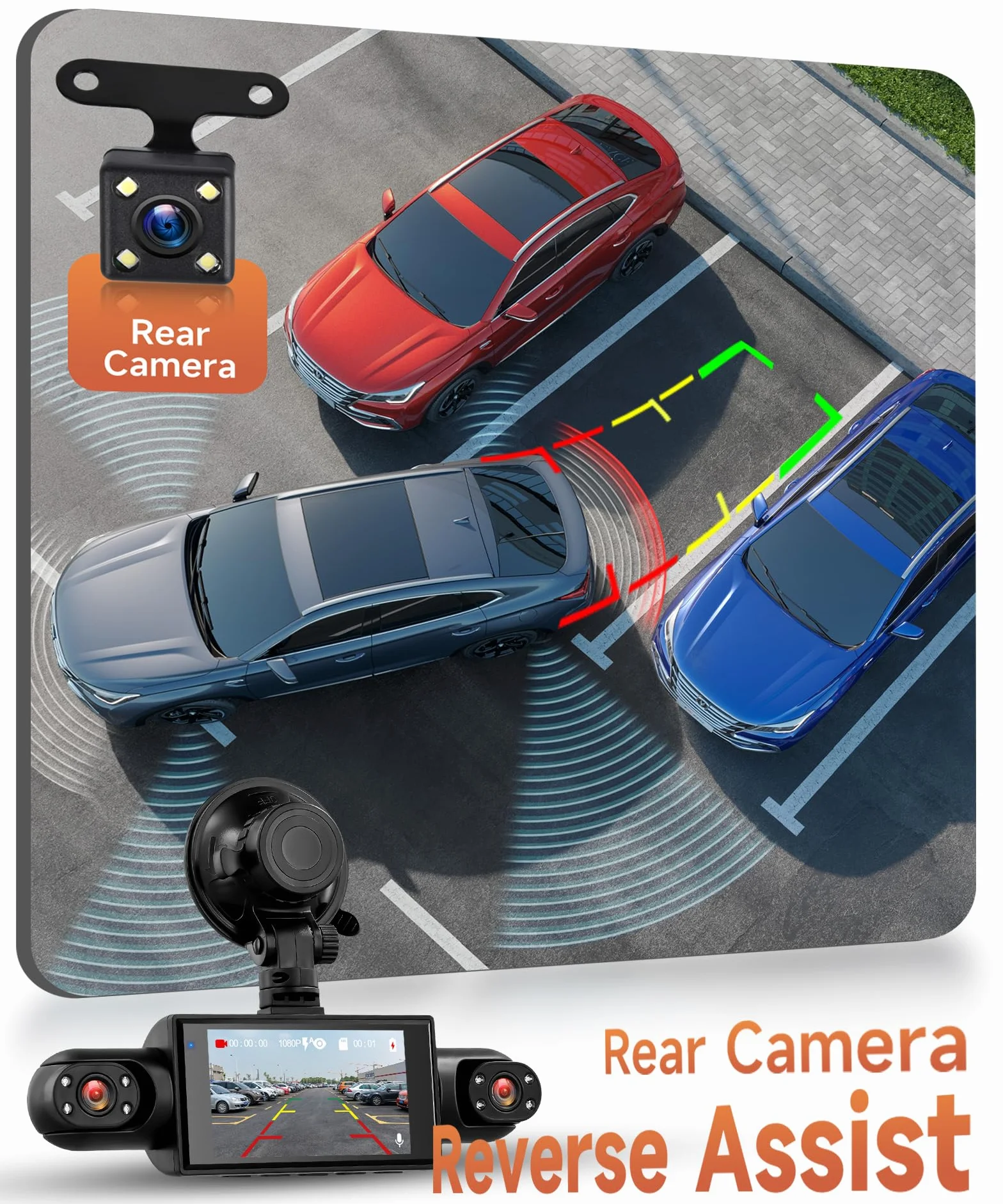 Rimoody 4 Canali Dashcam Auto 360°, 4 Telecamera HD 1080P Anteriore e Posteriore Sinistra Destra, 3 Pollici IPS Schermo Dash Cam con Visione Notturna 8 IR/Loop Video/24H Parcheggio Monitor