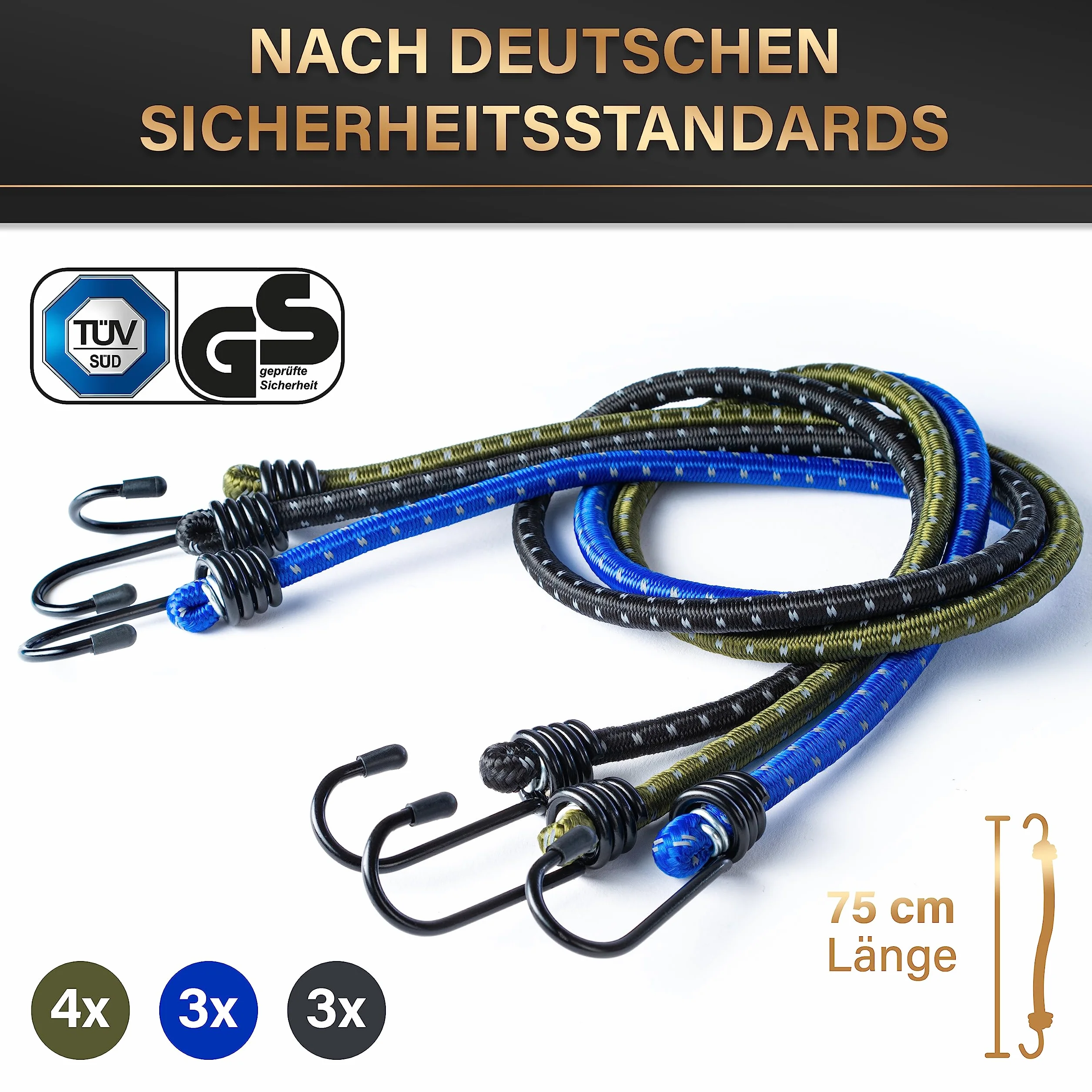 HELDENWERK Set di 10 espansori certificati TÜV/GS con ganci elastici in 30, 45, 75 e 100 cm, elastici con ganci per trasporto, campeggio e sicurezza, corda di tensione, tenditore in gomma e tenditore