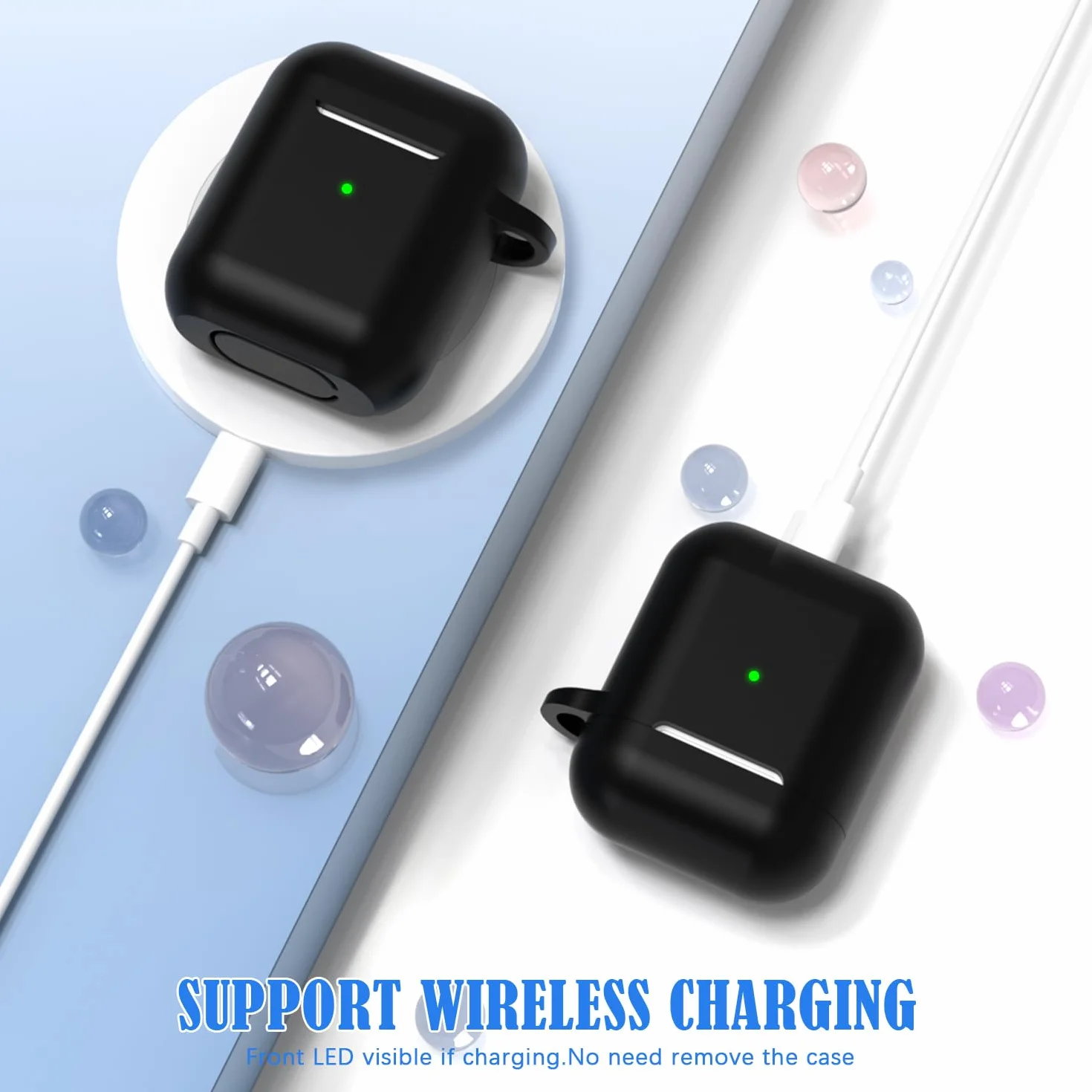 Custodia per Airpods 1a/2a generazione (2016/2019),Custodia protettiva in morbido silicone per Airpods 1a/2a con LED visibile sulla parte anteriore,con kit di pulizia,Nero