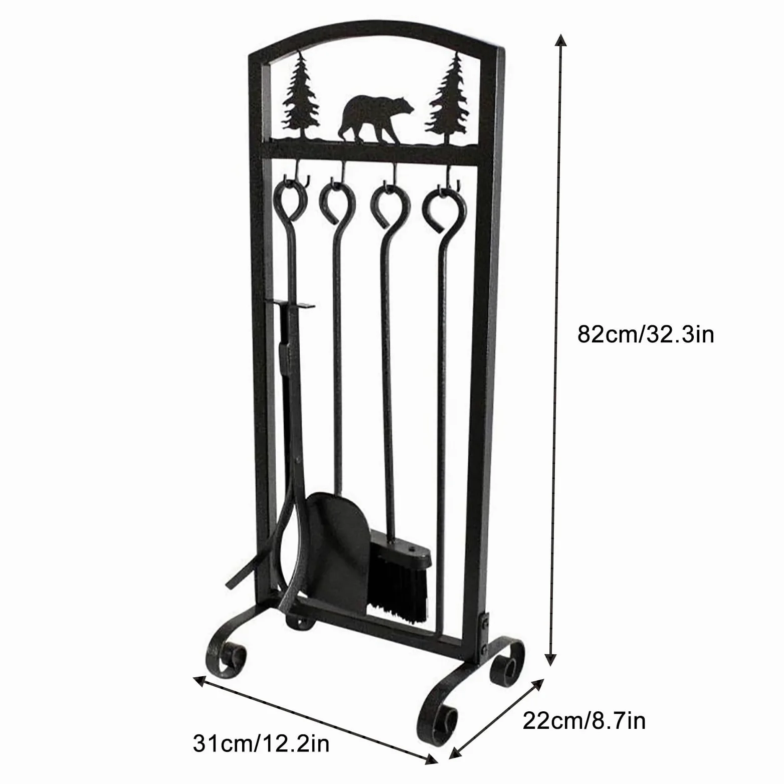 Set di 5 attrezzi per camino, accessori in ferro battuto durevole con attizzatoio, pinza, pala, spazzola e supporto, per bracieri interni ed esterni
