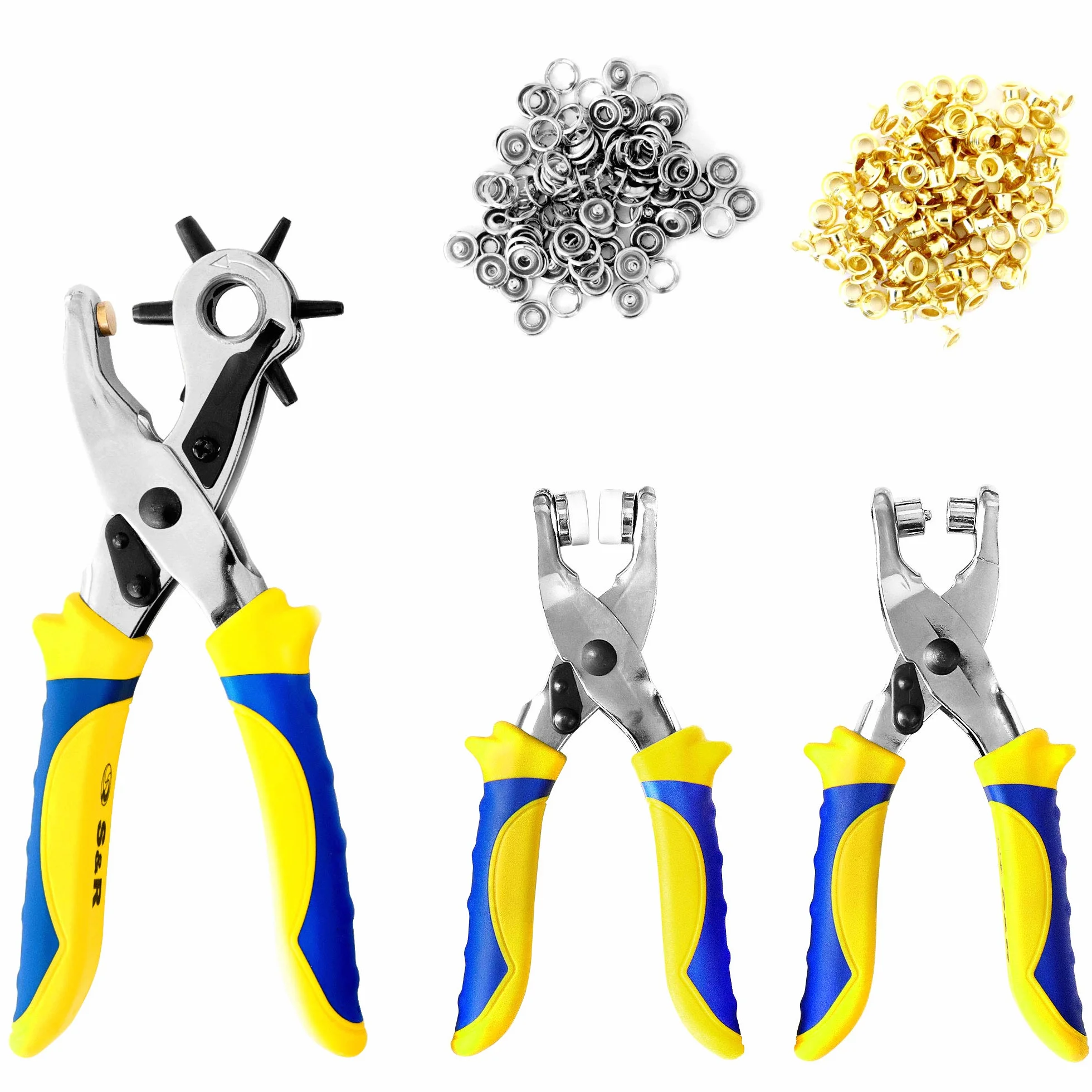 S&R Fustellatrice Occhiellatrice Perforatrice Cuoio Set 3 Pinze 100 Occhielli 4mm 25 Bottoni Borchie 9mm Fustelle 2-4,5mm