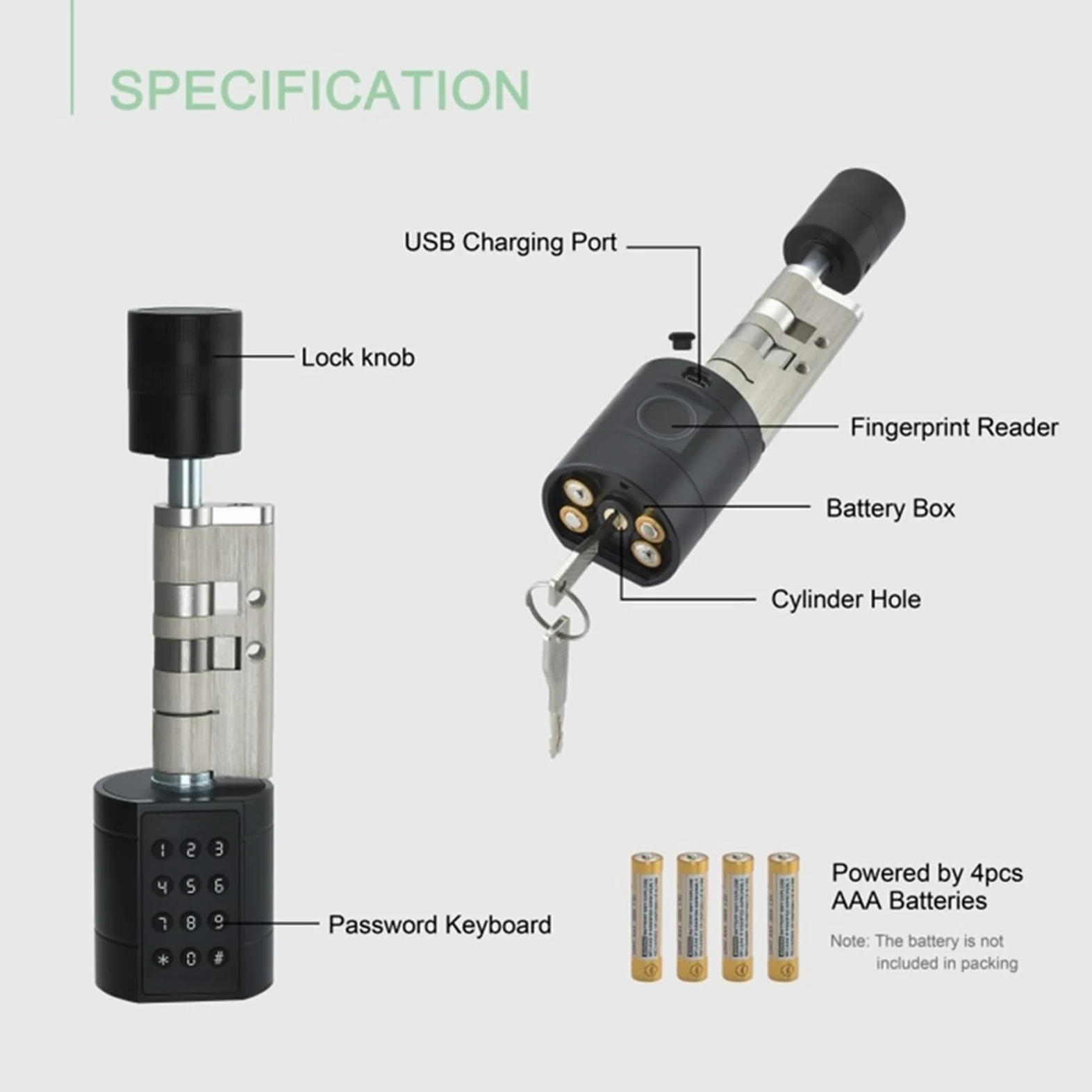 Serratura Smart, Cilindro for impronte digitali Serratura elettronica intelligente for porta Tastiera digitale Codice Chiave magnetica Telecomando Appartamento domestico regolabile(Silver)