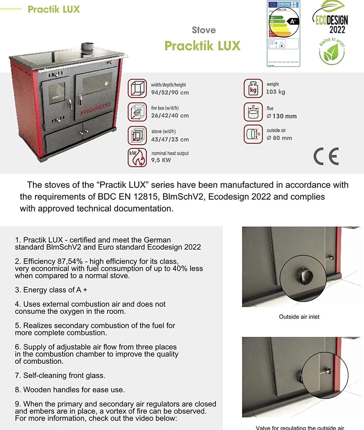 Stufa a legna con piastra superiore in ghisa Perfect lux Eco con canna fumaria destra - 7,38 kW