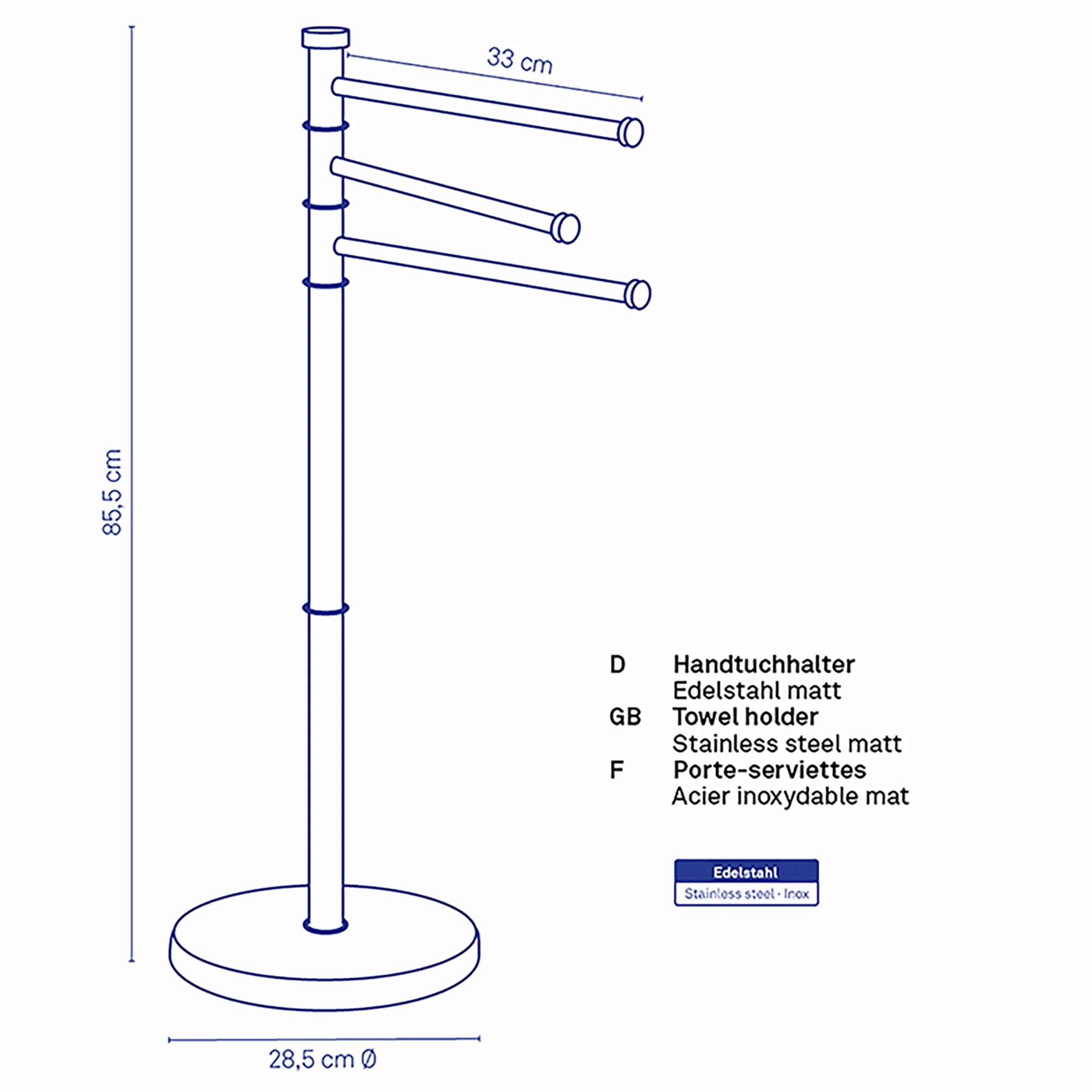 Kela Portasciugamani da Terra 85,5 cm Girevole 3 Barre SWING Acciaio Inox Opaco
