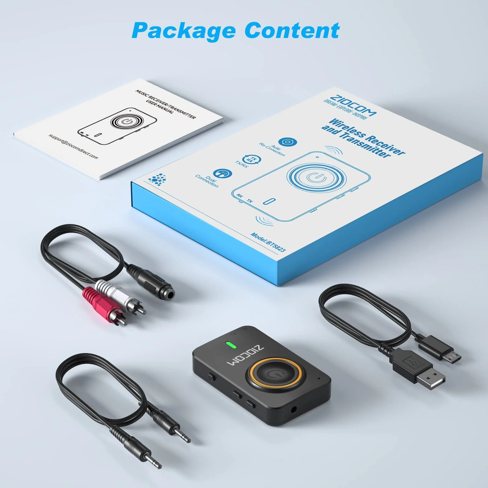 ZIOCOM trasmettitore Bluetooth per PC TV e altoparlante auto, 2-in-1 Wireless 3.5mm Bluetooth Aux Adapter con microfono incorporato e batteria, Duale Link, aptX bassa latenza