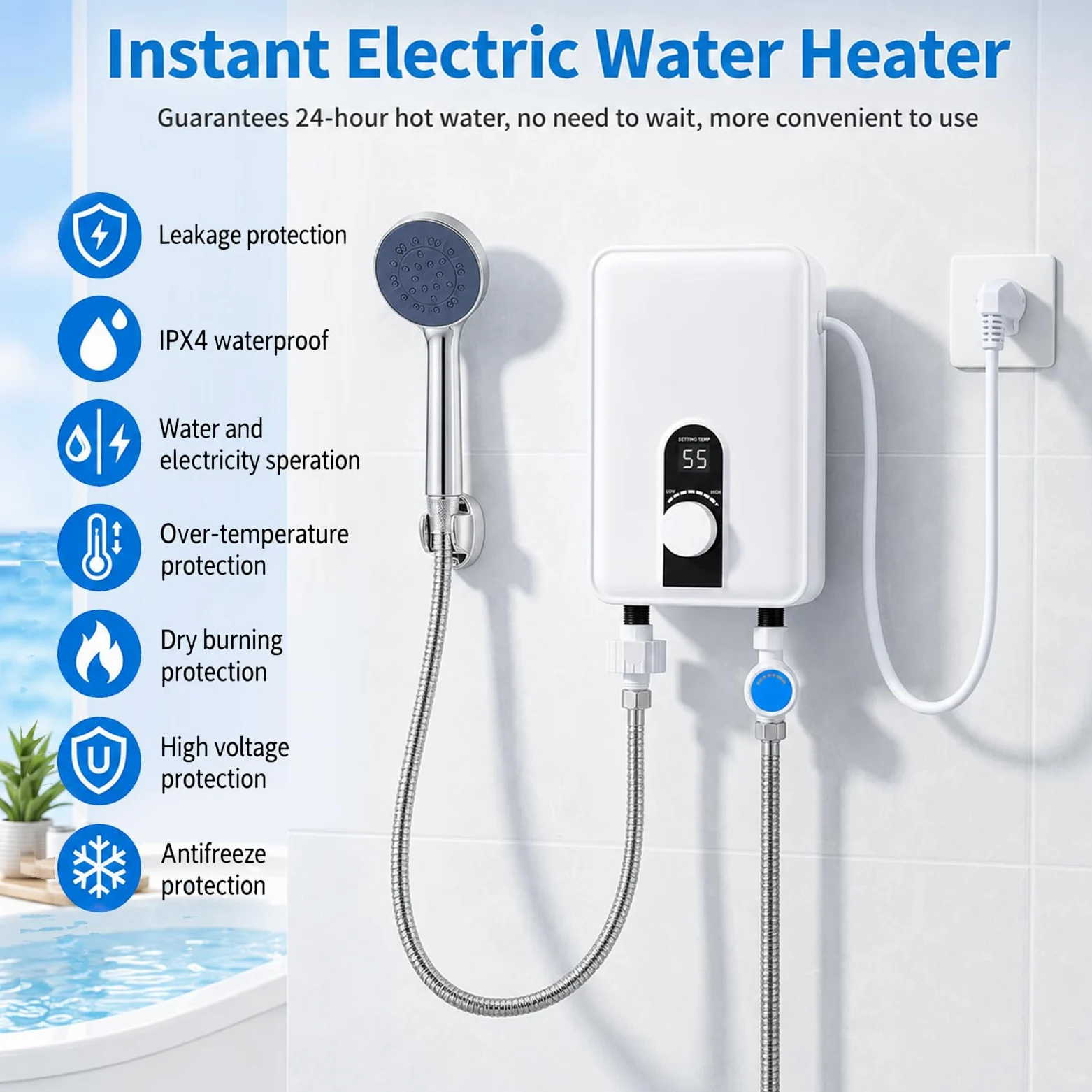 Scaldacqua istantaneo, 6000 W, mini scaldabagno elettrico con display LED, 230 V, per cucina e doccia, bagno, senza spina, resistente alla pressione, impermeabile IPX4, classe energetica A