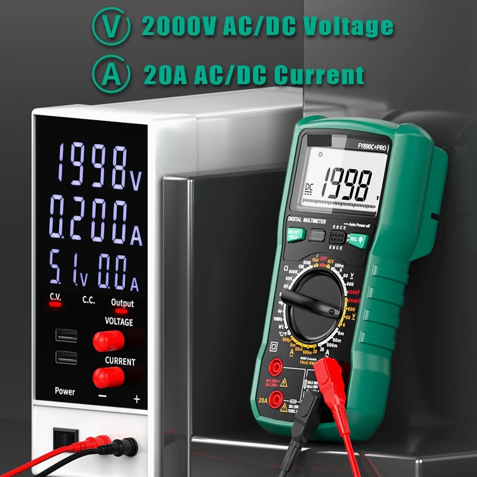 Multimetro Digitale, Multimetro digitale 6000 conteggi AC/DC 2000V/20A Vero RMS Tester di temperatura for elettricisti Fotovoltaico Minerario,per uso domestico
