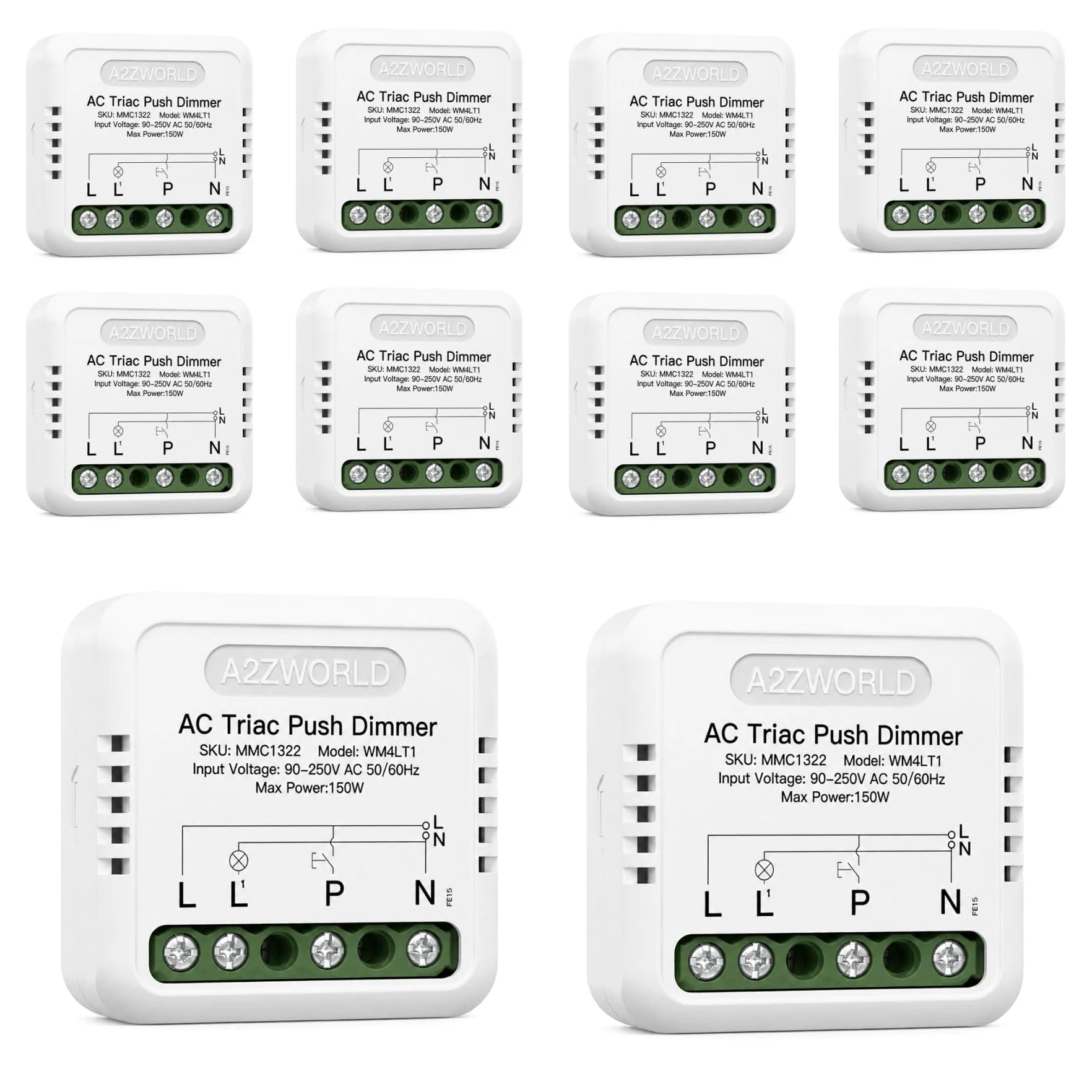 10 PCS Dimmer Triac a Pulsante 220V 150W, Comando Fase o Neutro, Regolabile 10-100%, Sincronizzabile, Memoria, Da Incasso e Barra DIN, Per Led Dimmerabile,40x40x18mm