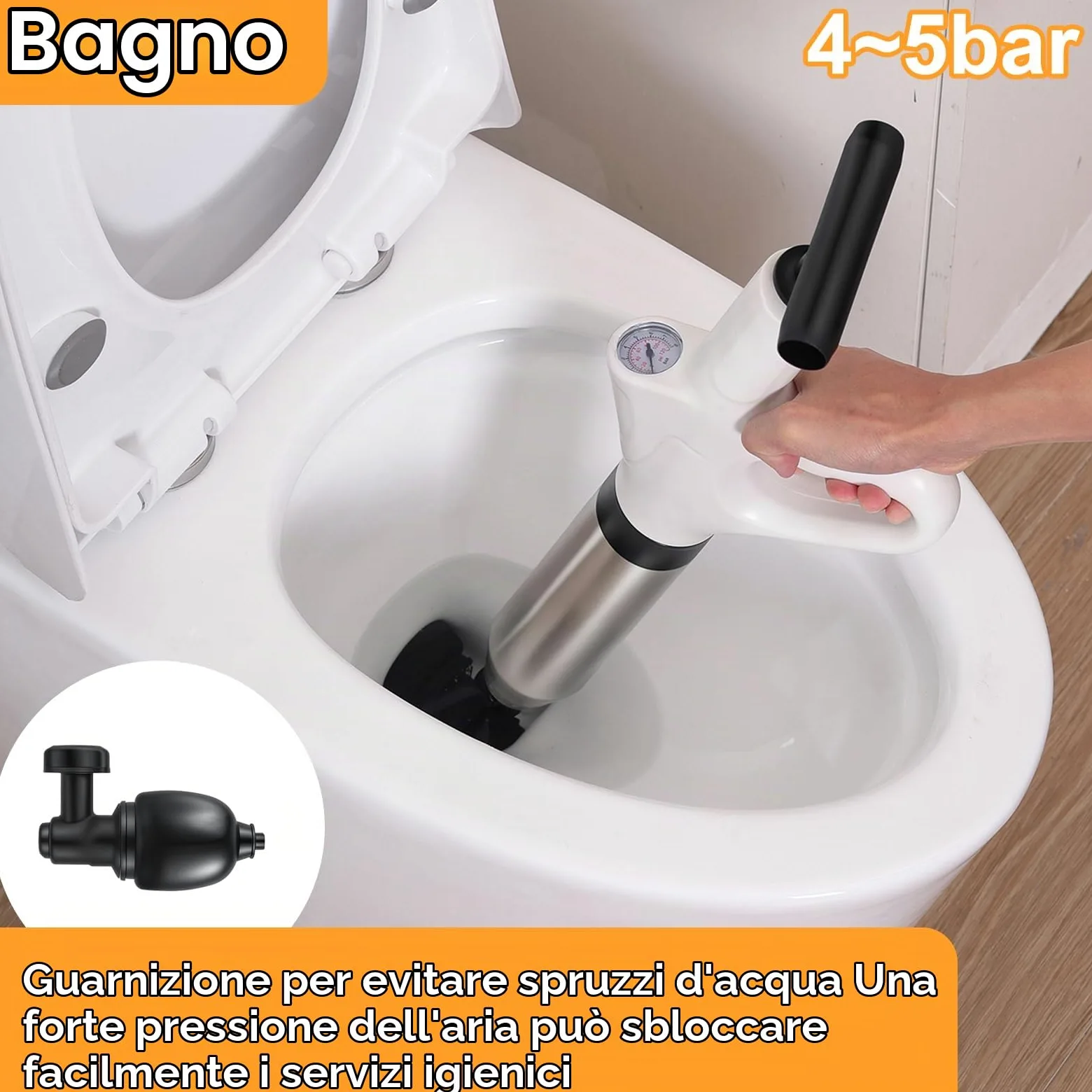 Pompa Stura Scarichi a Pressione, Sturatubi Aria Compressa con Barometro, Sturalavandini a Pressione con Quattro Diverse Ventose per Bagni Servizi Igienici Lavabi