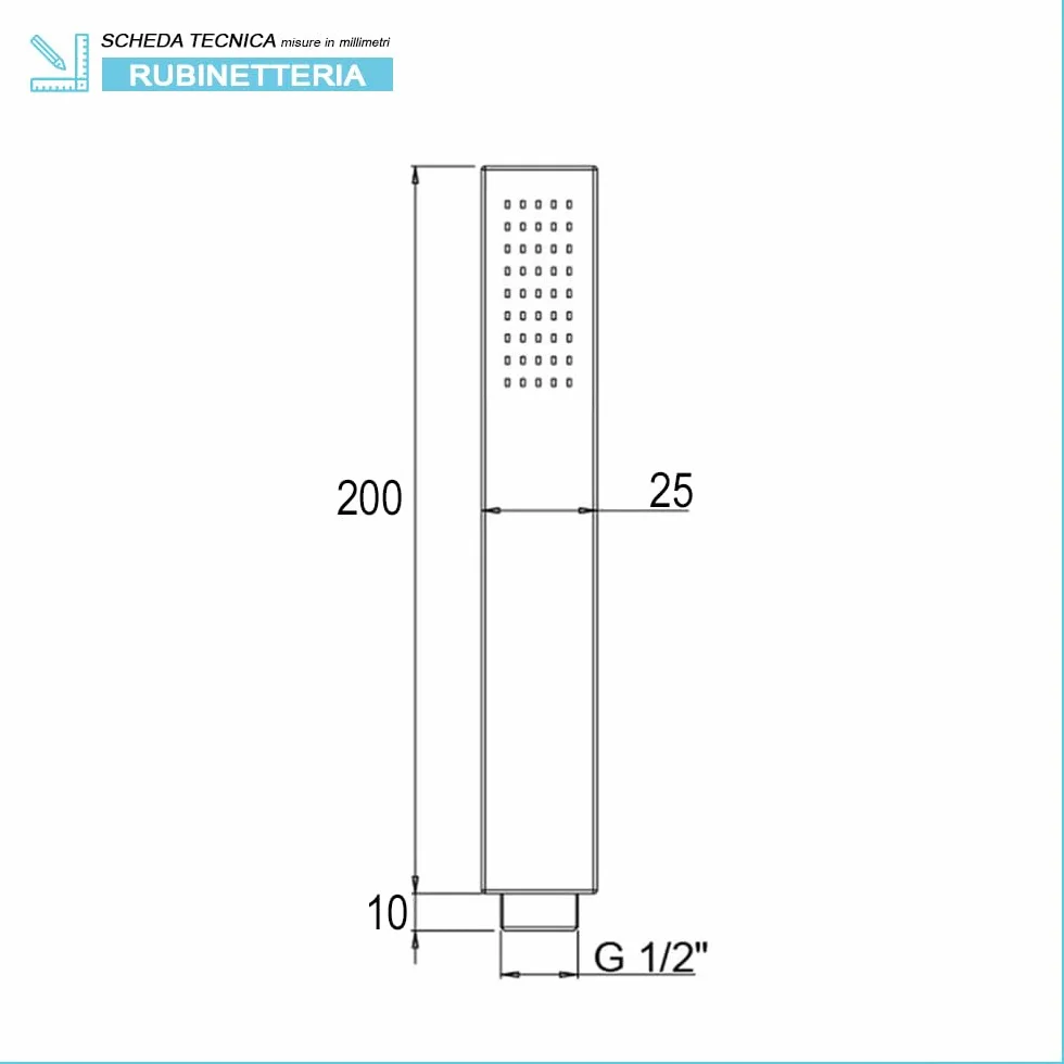 Doccetta quadrata in ottone cromato lucido, monogetto con ugelli anticalcare e attacco standard G 1/2”