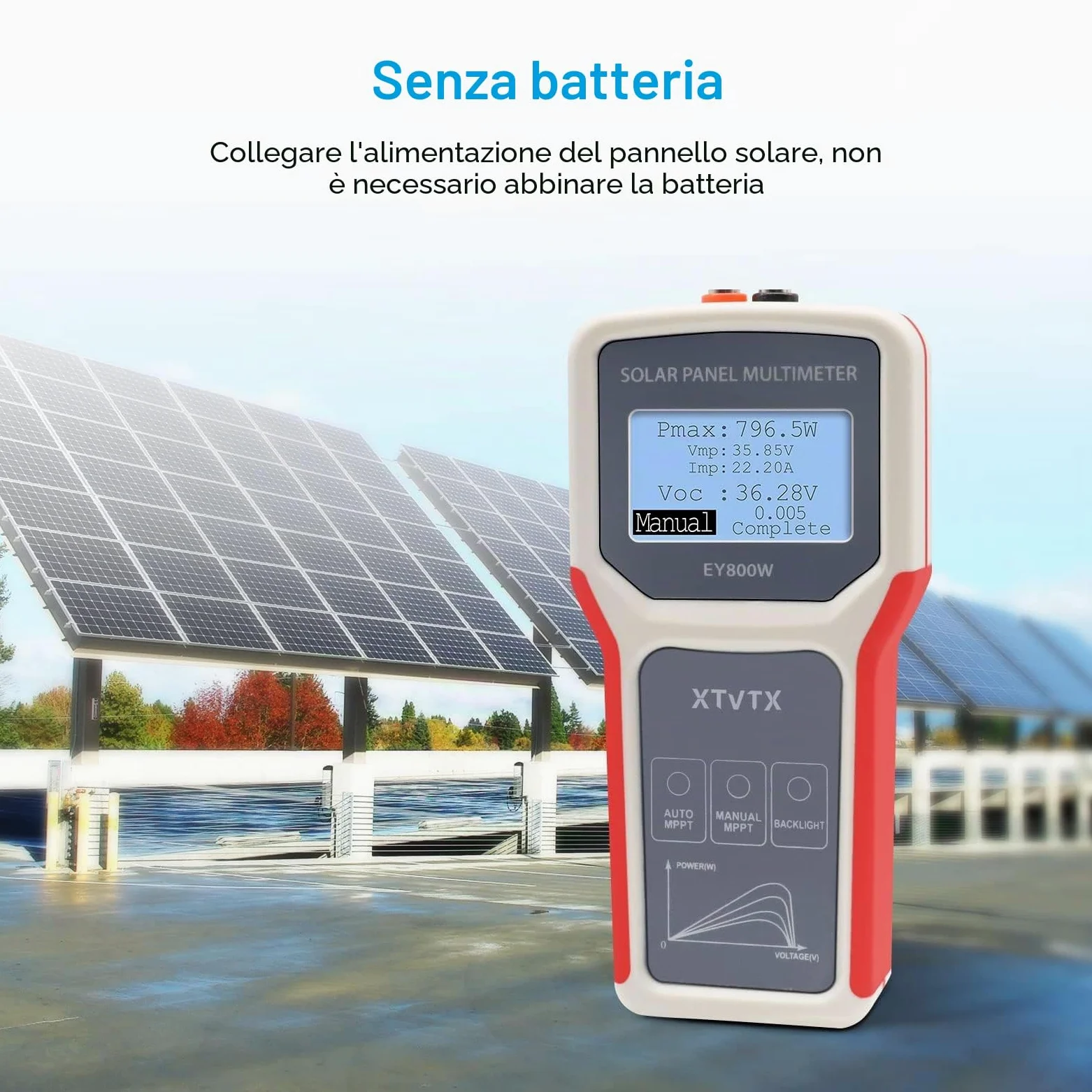 Tester di pannello solare, multimetro per pannello fotovoltaico stile migliorato EY800W, con schermo LCD ultra chiaro