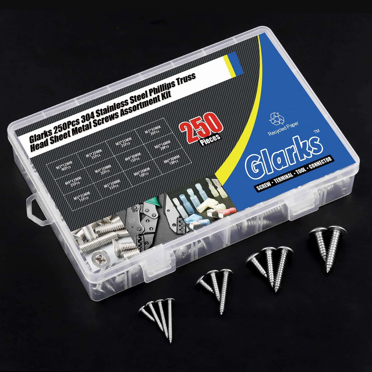Glarks 250 pezzi M3 M4 M5 M6 Metrico 304 Acciaio Inox Phillips Truss Head Viti Assortimento