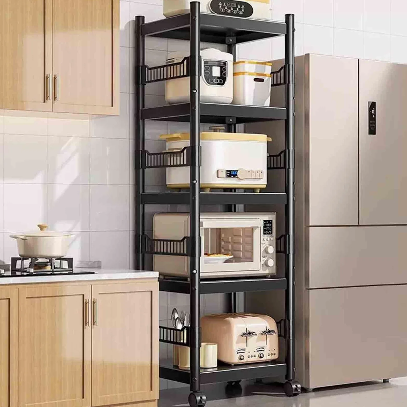 Scaffalatura in metallo resistente a 5 ripiani con ruote girevoli, scaffale versatile per dispensa, camera da letto, lavanderia e armadio