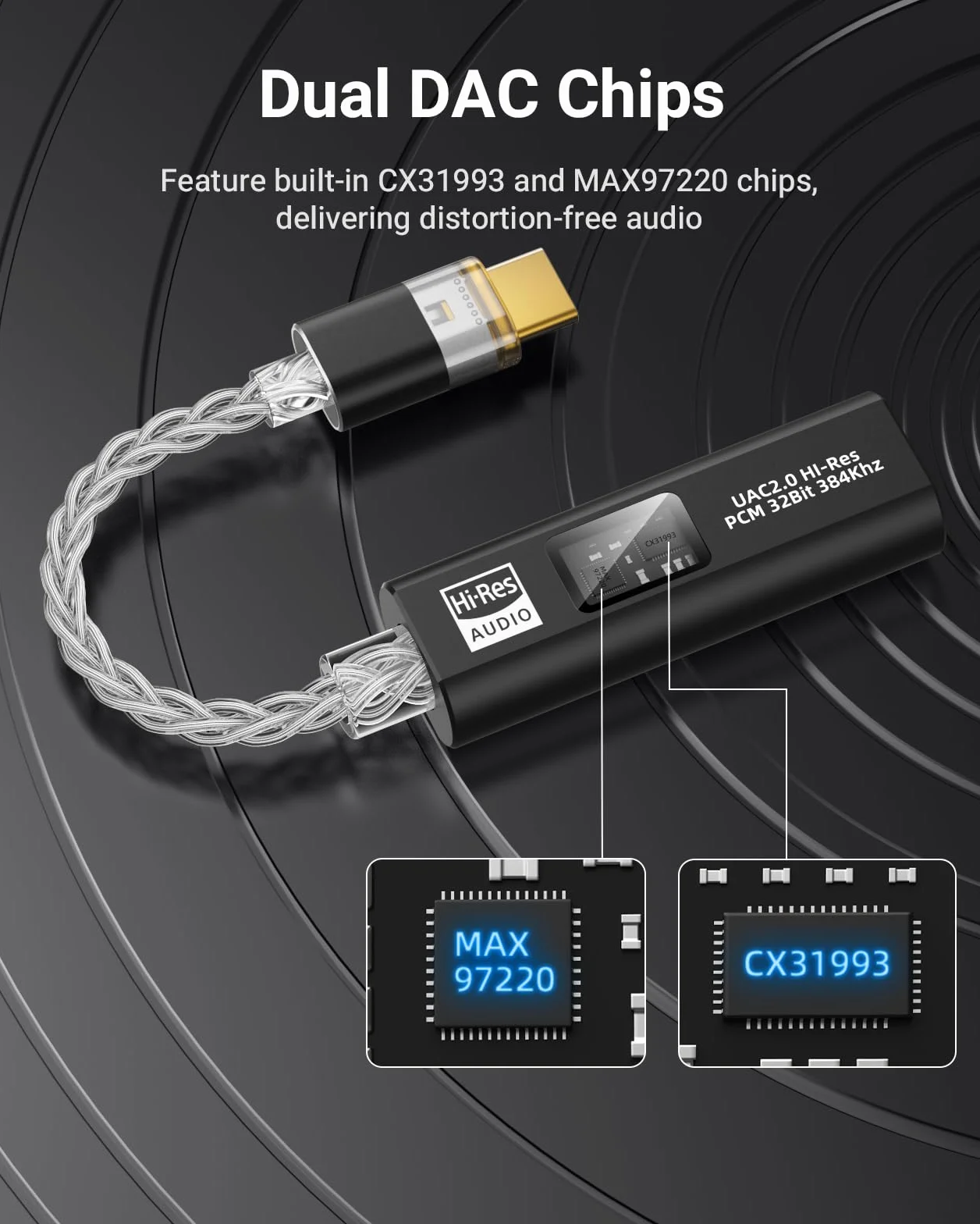MoKo Adattatore Audio USB C a 3,5mm, Doppio Chip DAC HiFi CX31993 & MAX97220, 32bit/384KHz Tipo C a Jack Cuffie AUX per iPhone 17/16, iPad, Galaxy S26/S25, Pixel, Nero