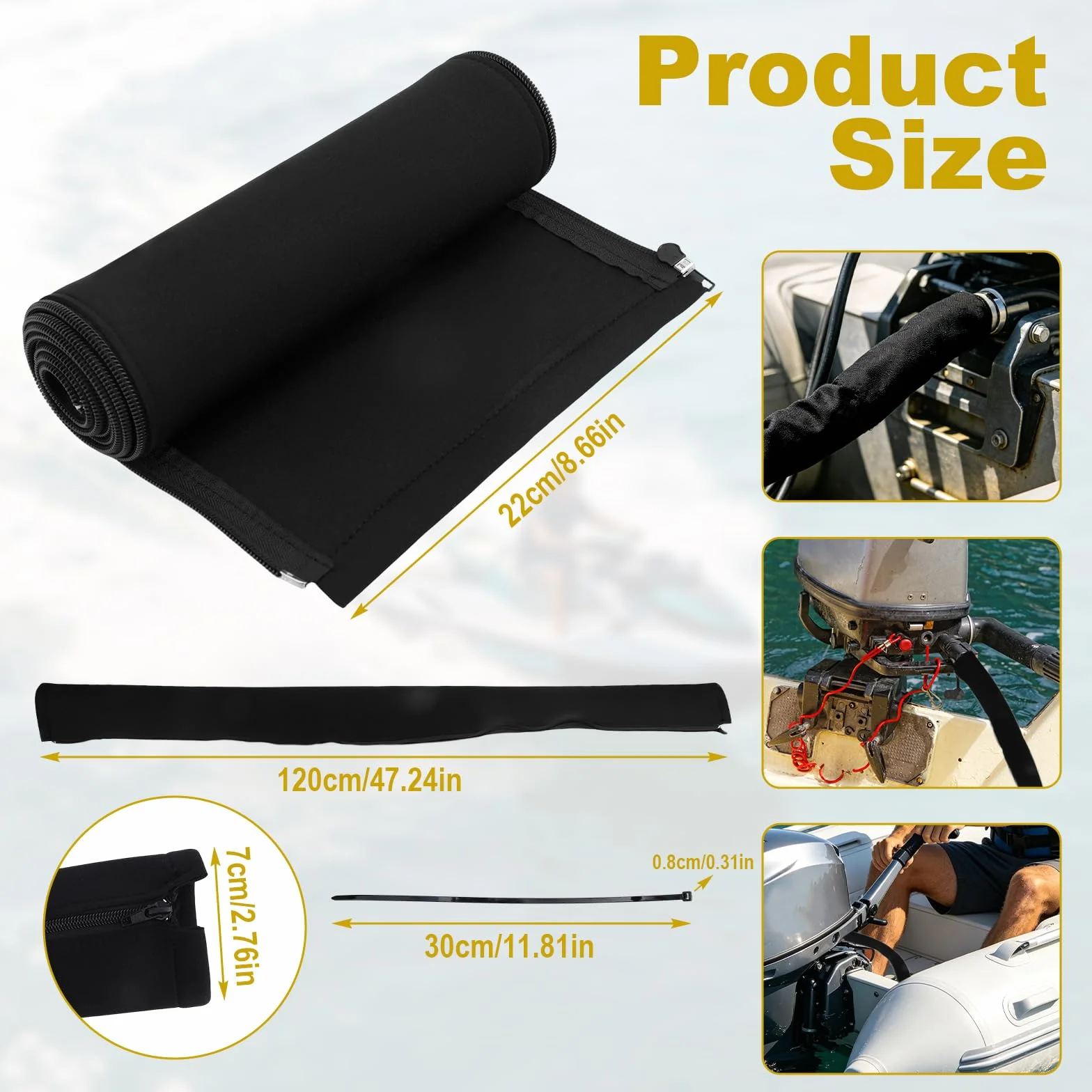 Guaina Cavo Motore Pesca Neoprene 120cm Avvolgicavo con Cerniera Organizzatore Cavi Universale Barca Nero