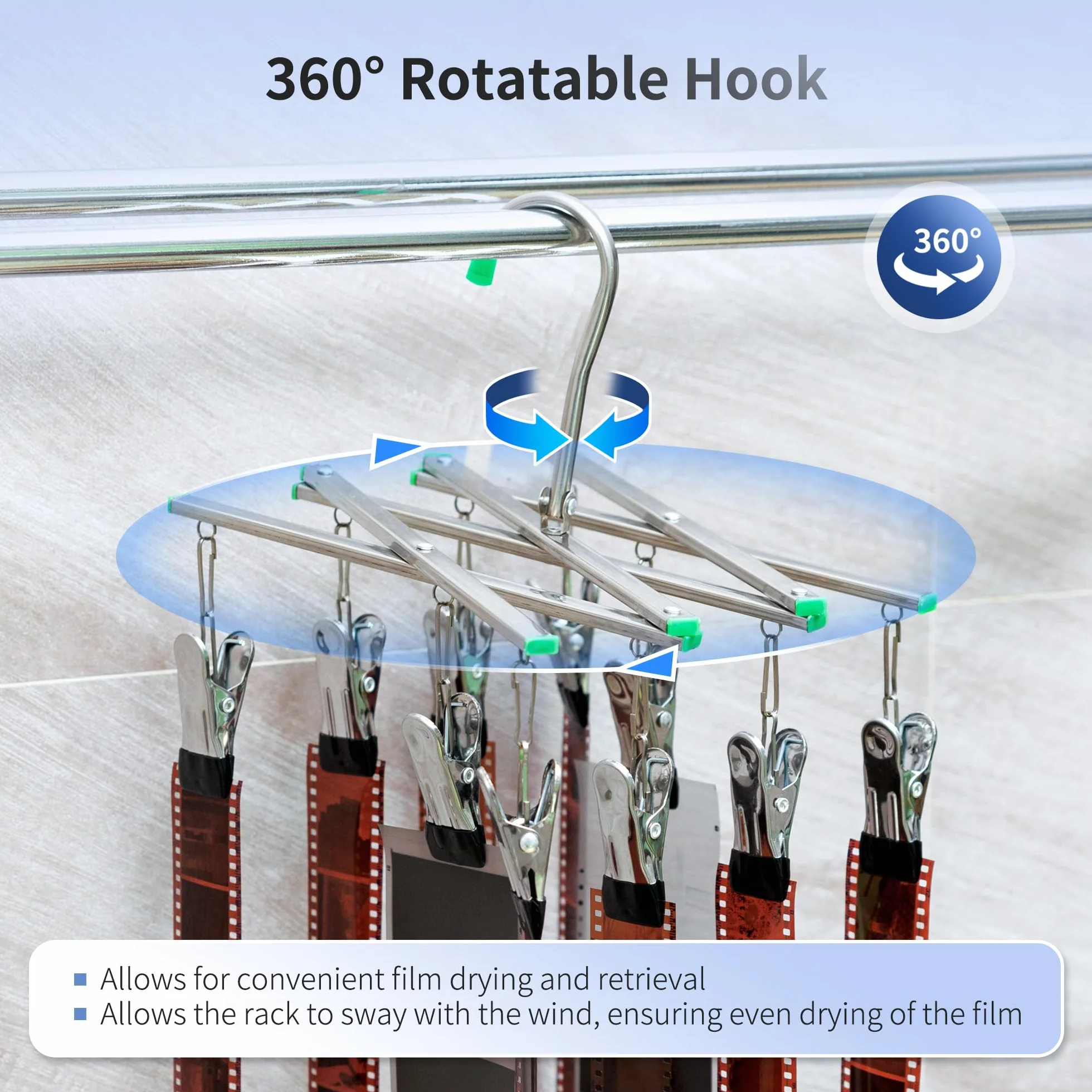 JJC 35 mm 120 Negative Film Asciugatura Hanging Rack con 10 clip, in acciaio inox pieghevole gancio per 135 120 film formato, accessori per lo sviluppo camera oscura