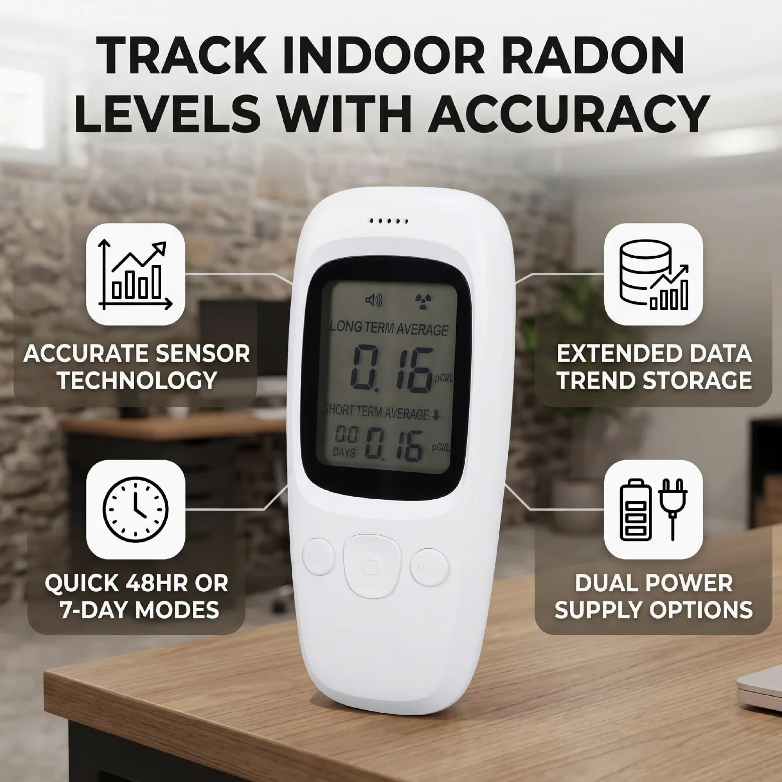GOWENIC Rilevatore di Radon Portatile 0-270pCi/L Monitor Digitale del Livello di Radon per Casa, Seminterrato, Ufficio, Tester di Gas Ad Alta Precisione con Display LCD, Test a Doppia modalità,