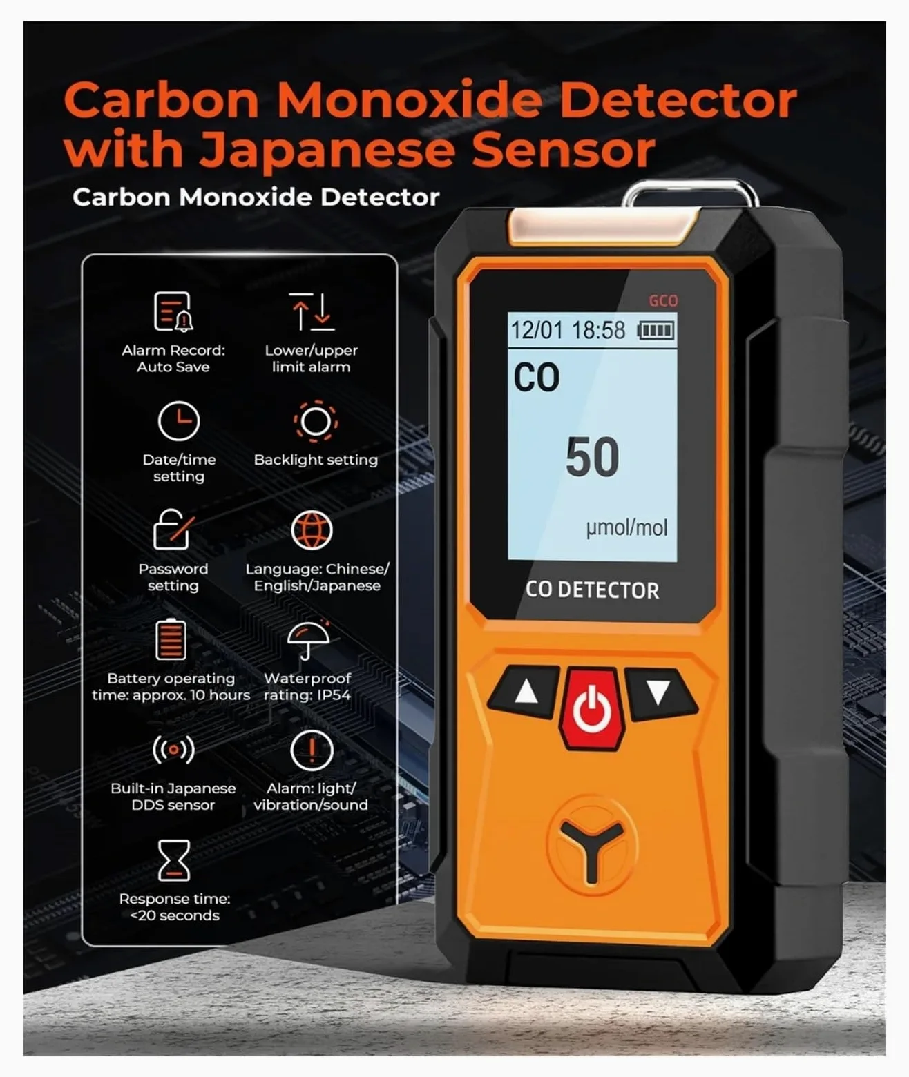monitor di co2, Rilevatore di monossido carbonio, rilevatore CO ad alta precisione 0-2000 ppm, sensore elettrochimico, allarmi acustici e visivi display LCD per casa, ufficio, auto