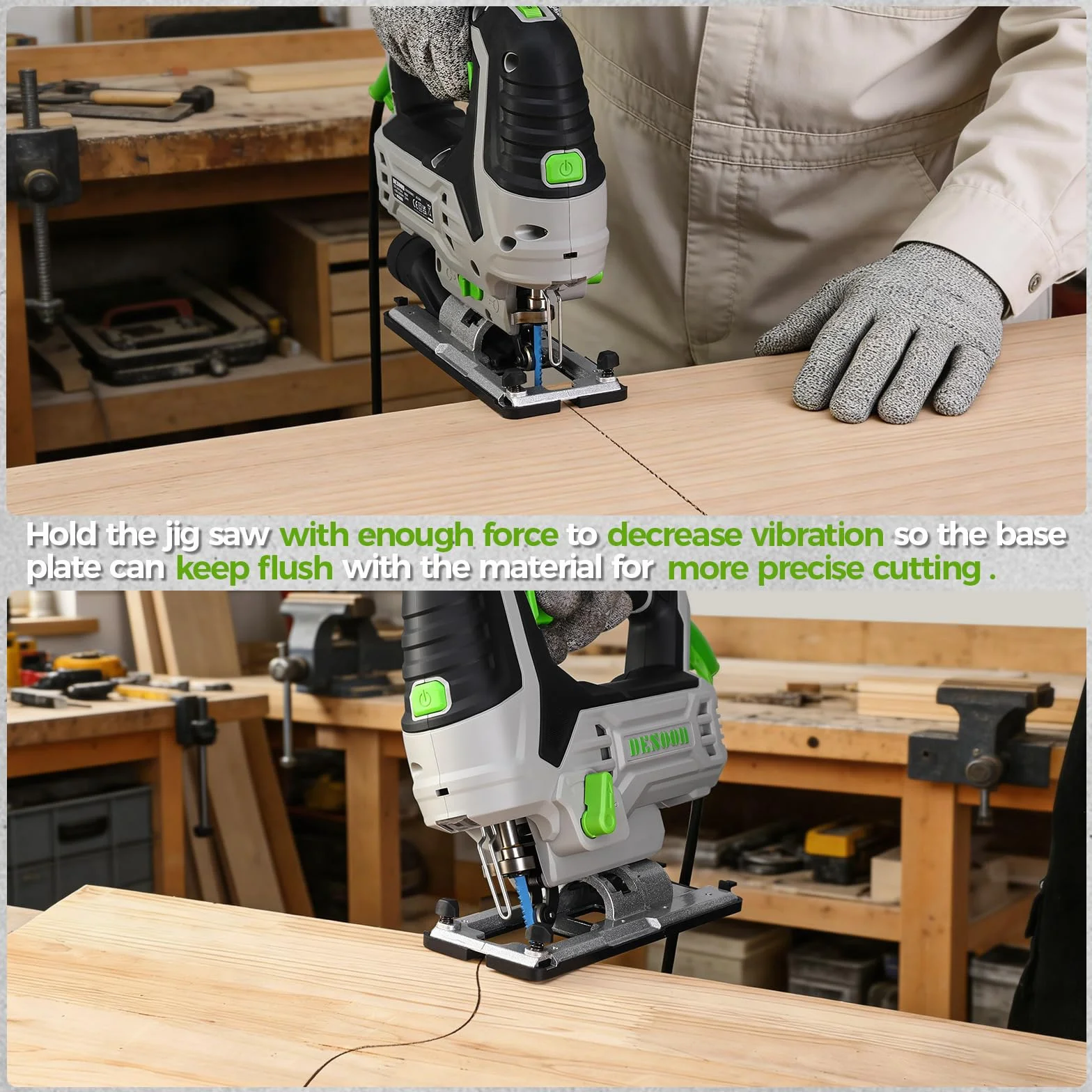DESOON Sega alternativa da 800 W, Sega per legno con luce LED e laser, velocità variabile da 800 a 3000 SPM, taglio inclinabile ±45°, include 10 lame per sega per tagliare metallo, legno e plastica