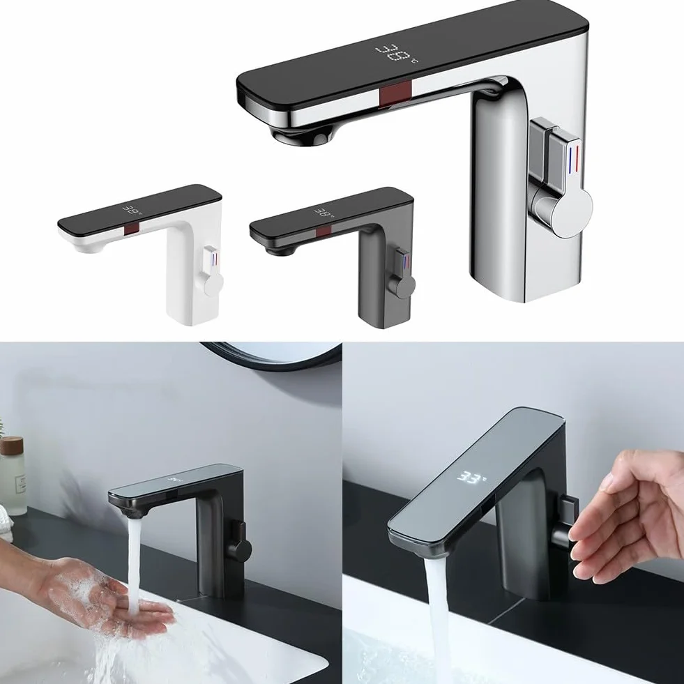 Rubinetto per lavabo con sensore intelligente, miscelatore acqua calda e fredda, automatico senza contatto 1,27 cm cromato