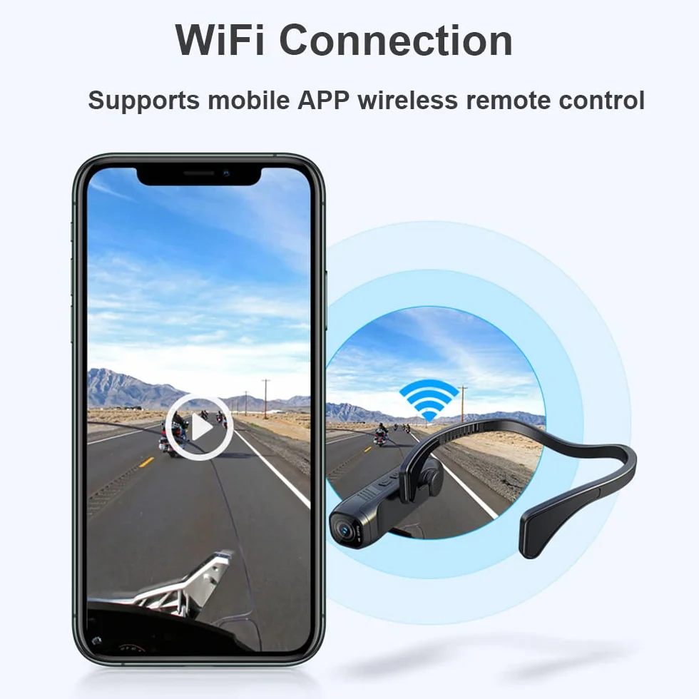 telecamera montata sulla testa HUIOP 4K 30FPS Fotocamera montata sulla testa Videocamera WiFi indossabile Videocamera Webcam 120 ° Obiettivo grandangolare Anti-shake Batteria integrata Controllo APP p