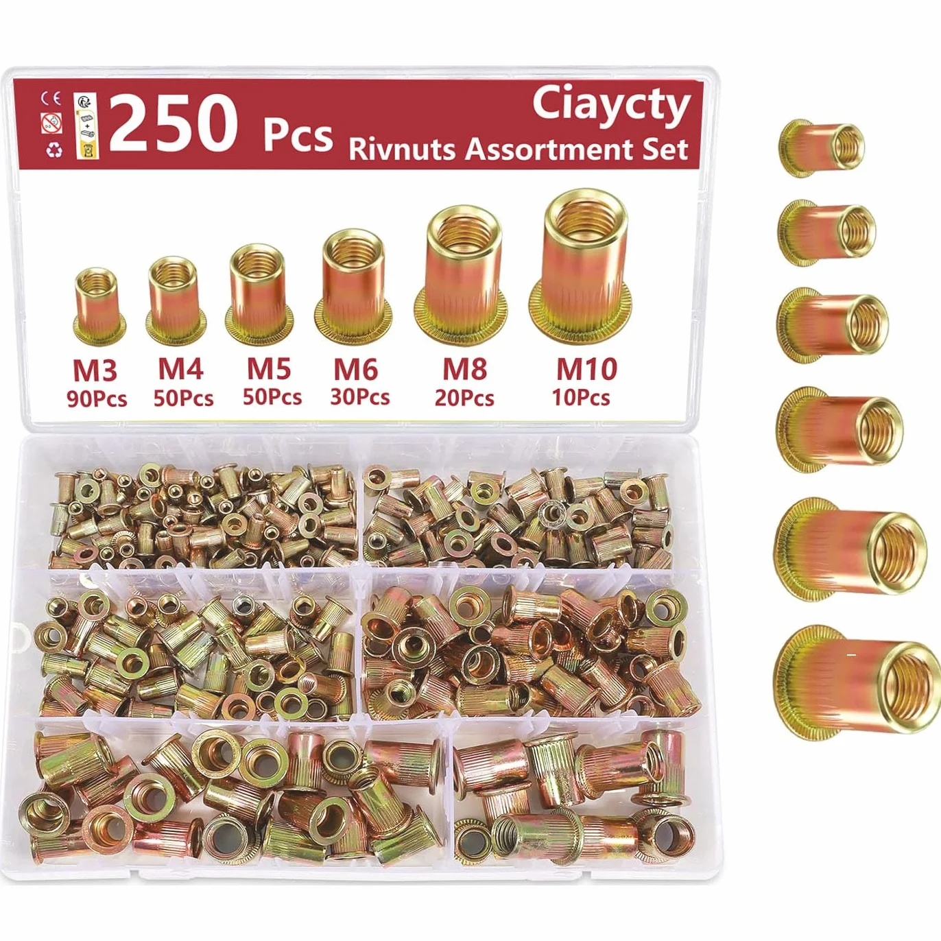 Rivetti Filettati M3 M4 M5 M6 M8 M10 250 Pezzi Inserti Filettati per Riparazioni