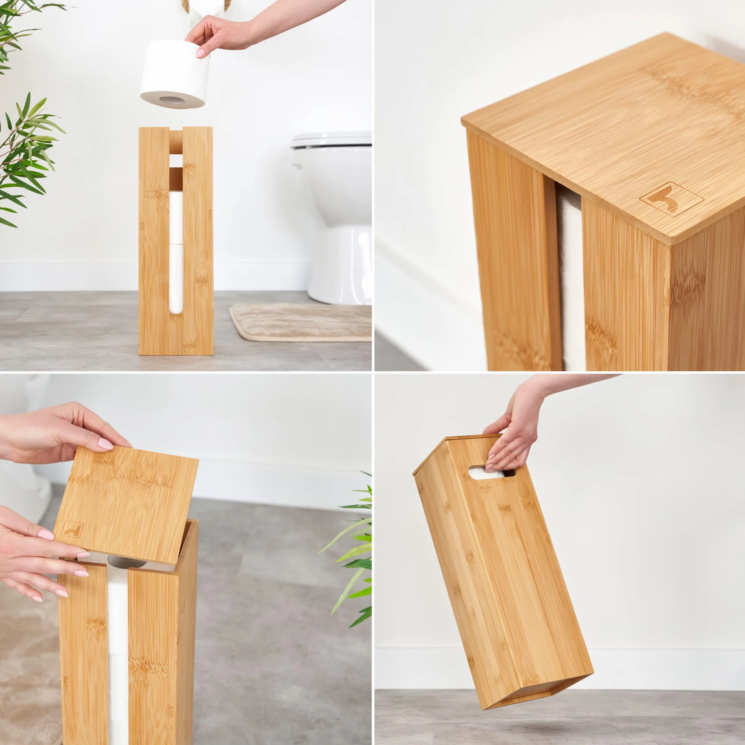 HENNEZ Porta Carta Igienica da Terra Legno di Bambu Chiuso - Portarotolo da Terra Contenitore - Scorta Mobile Bagno Legno