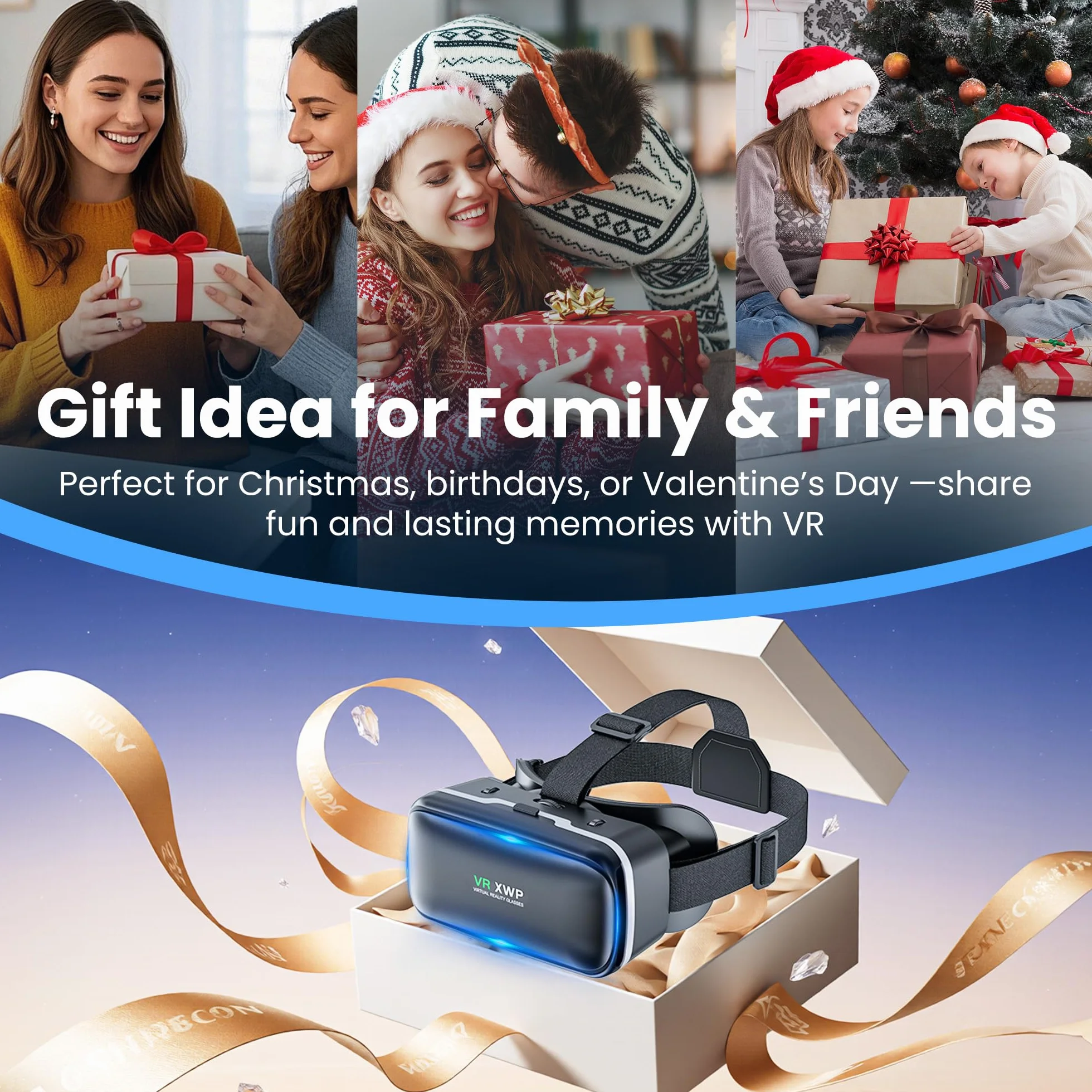 XWP Visore VR, Occhiali di Realtà Virtuale 3D con Lenti HD Anti-Luce Blu per Film e Giochi su Smartphone, Compatibile con Smartphone iOS/Android (4.7–6.8"), Regalo di Natale per Amici e Famiglie