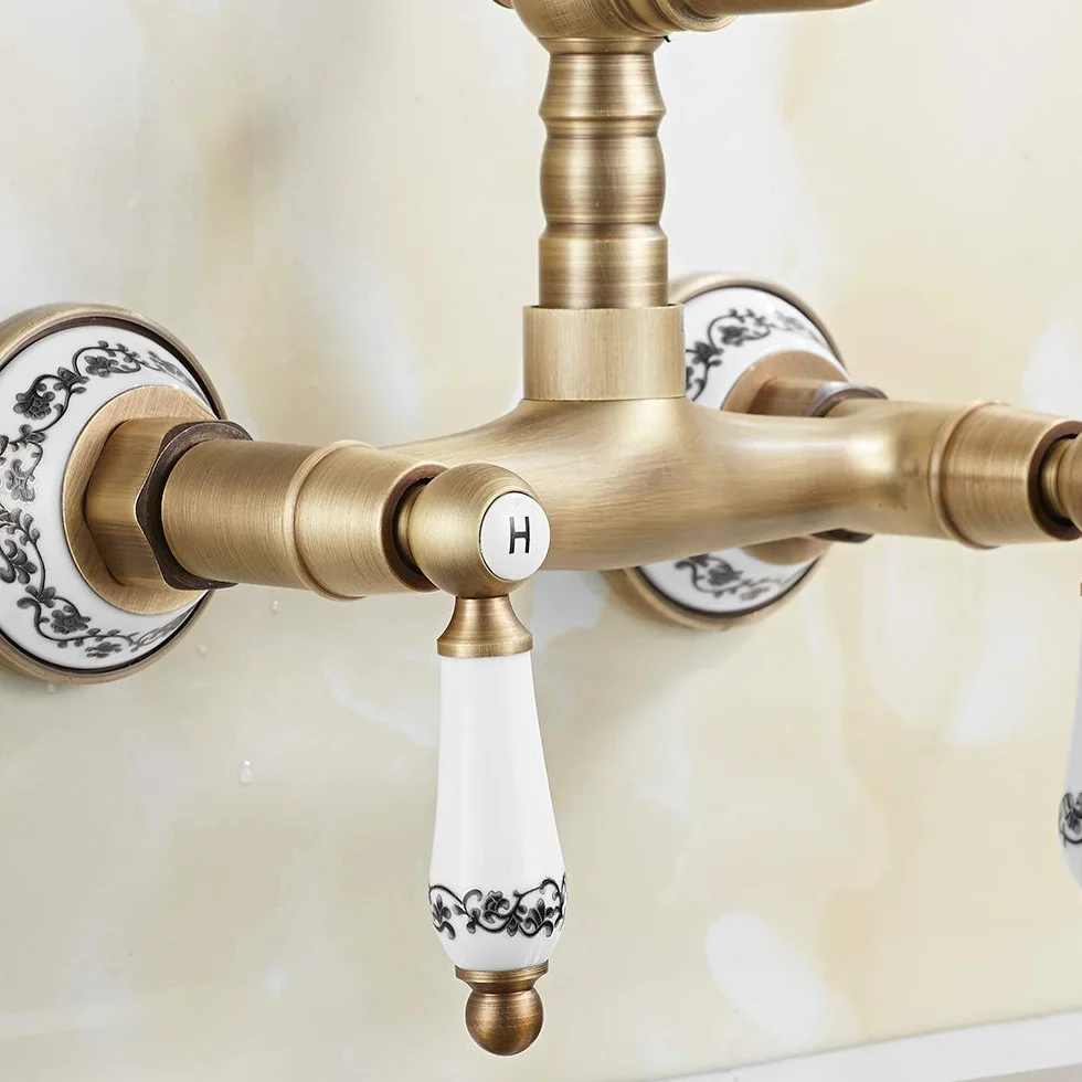 Rubinetto Bronzo a Muro in Ottone con Doppio Manopole in Ceramica Rotazione 360 ° Rubinetto per Cucina a Parete Vintage Supporto Caldo e Freddo Raffinato