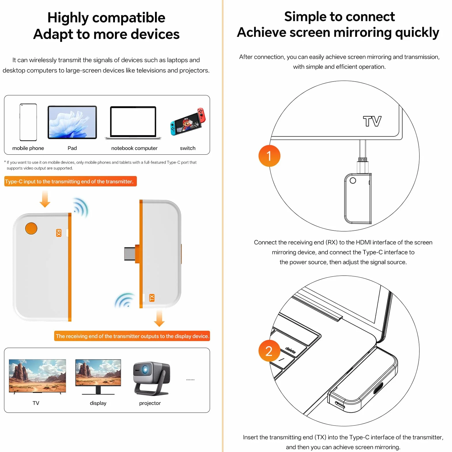 Elprico Trasmettitore e Ricevitore HDMI Wireless, Adattatore Display Wireless per Streaming 1080P 60Hz 5G per Smartphone Laptop Proiettori