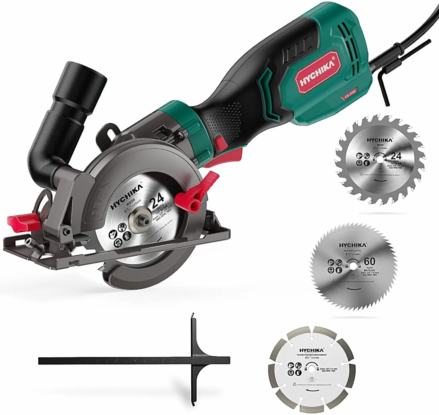 HYCHIKA Mini Sega Circolare 750W 3500RPM, Sega Compatta con 3 Lame (24T/60T/9T) per Legno, Metallo e Piastrelle, Taglio Inclinato 45°/90° (Profondità Max 48mm), Fai da Te