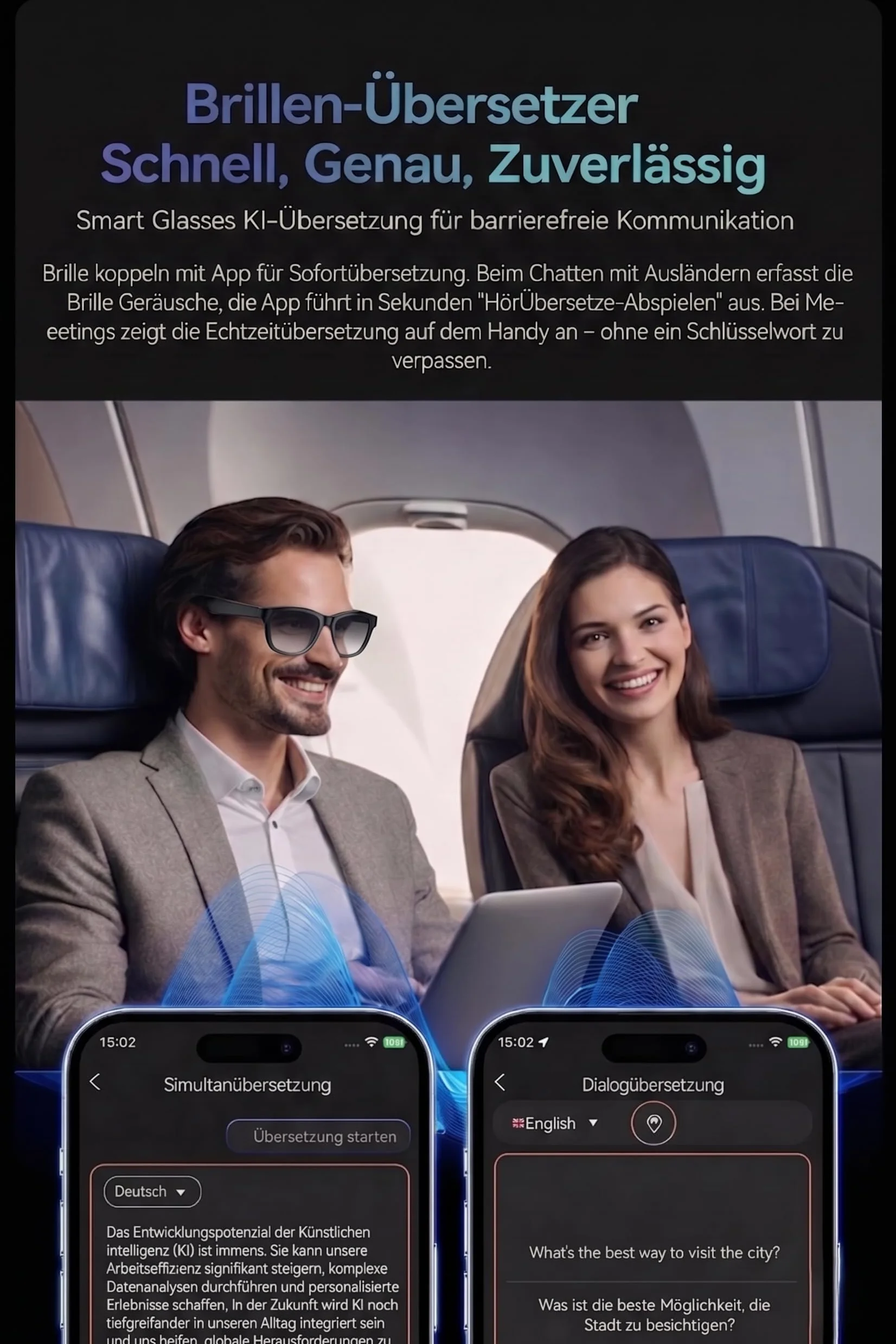 Smart Glasses con AI & Bluetooth, assistente vocale ChatGPT, protezione UV, Wi-Fi, traduzione in tempo reale in 89 lingue, fotocamera 2K, audio aperto, IP65 impermeabile, identificazione degli oggetti