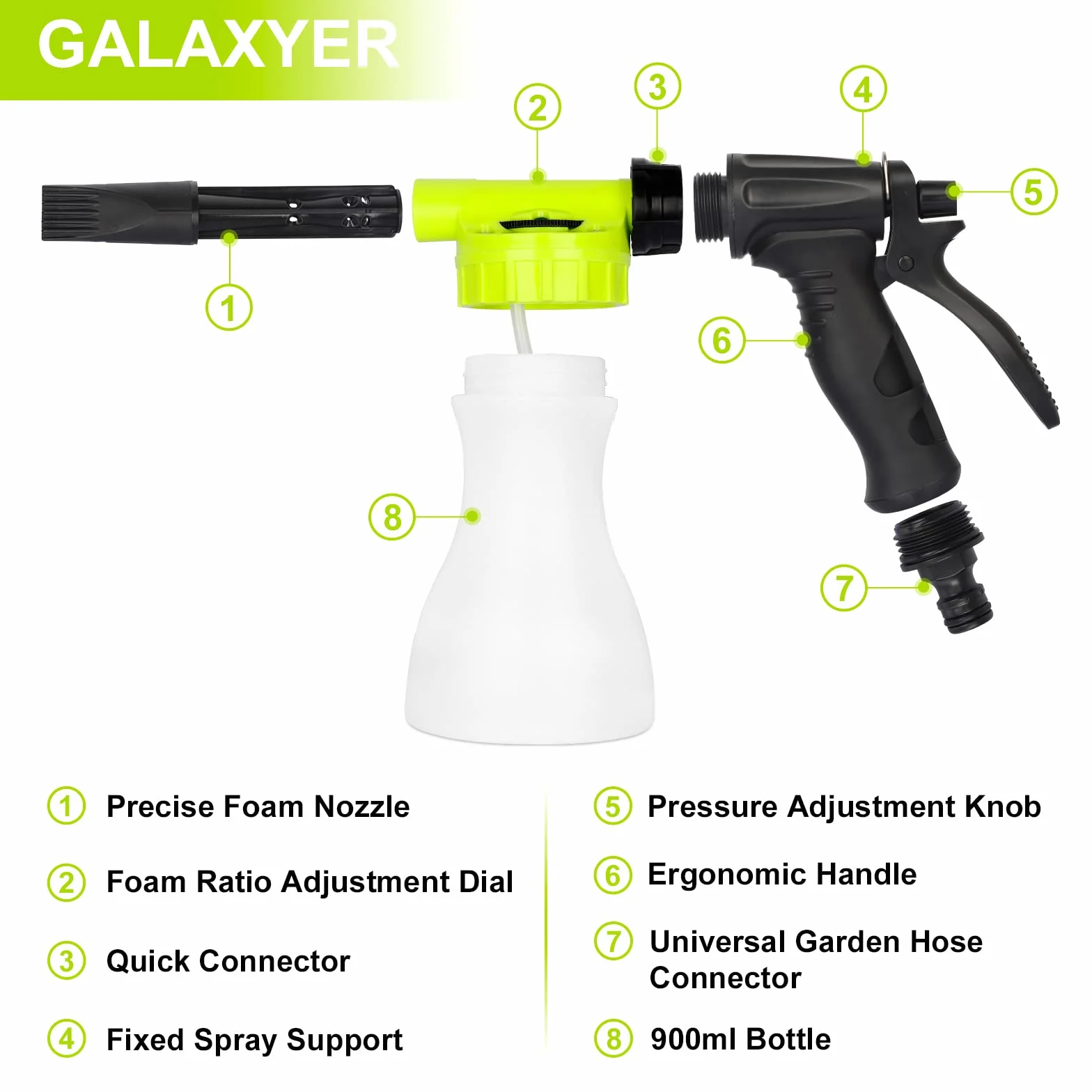 GALAXYER Pistola per Schiuma Da Neve Regolabile Da 900 ml, Lancia Schiuma Ollegamento Rapido Al Tubo Da Giardino, Attrezzi per Lavare Auto, Irrigare Case e Giardini
