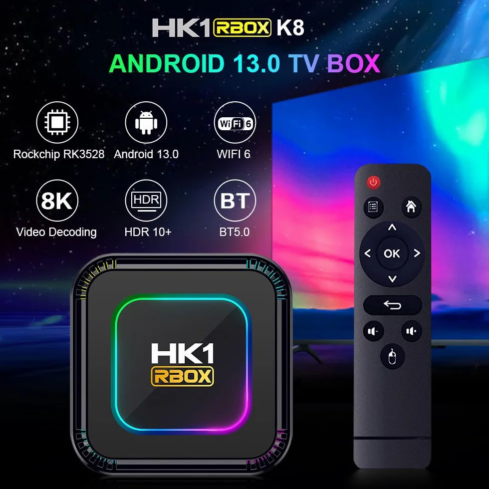 Hk1 Rbox K8 Android 13.0 Smart Box EMMC RK3528 CPU Arm Cortex-A53 Quattro Core 64 bit GPU Mali-G31 MP2 Uscita 4K, BT 5.0 2.4GHz/5GHz WiFi 100Mbps Accesso Internet LAN,4GB+32GB