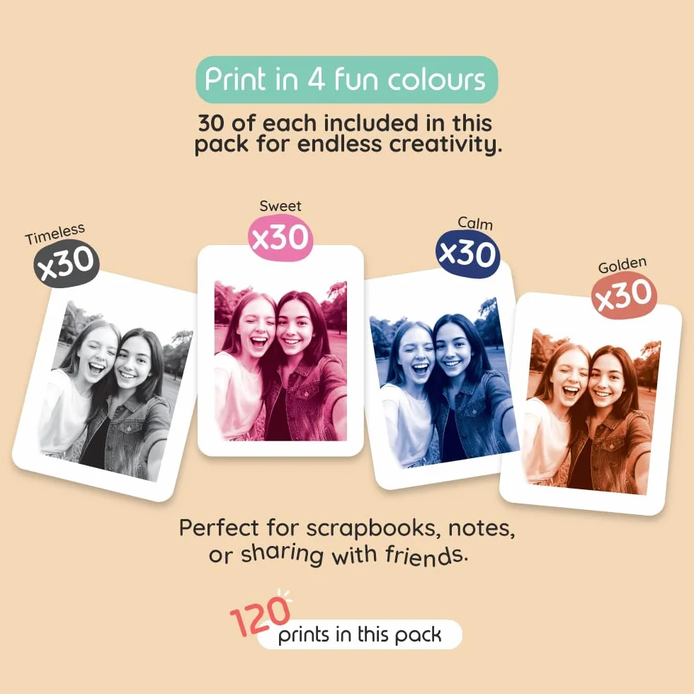 kiimento Print Pack per fotocamera a stampa istantanea P2, confezione risparmio 120 stampe, schede termiche senza inchiostro, verticali 78 × 56 mm, senza BPA e BPS, stili misti: senza tempo, oro